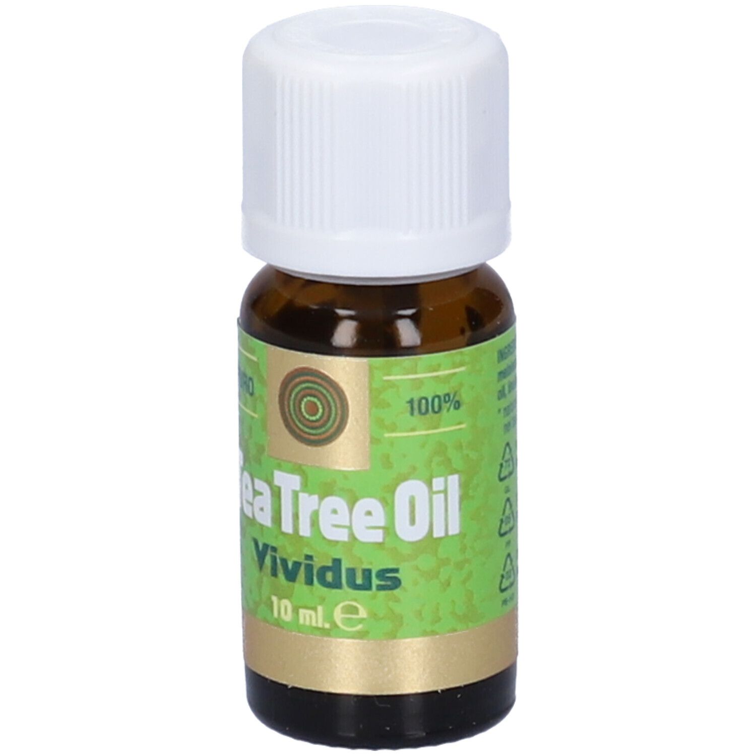 Flacone in vetro marrone con tappo bianco. Etichetta verde e oro: Tea Tree Oil Vividus, 10 ml.