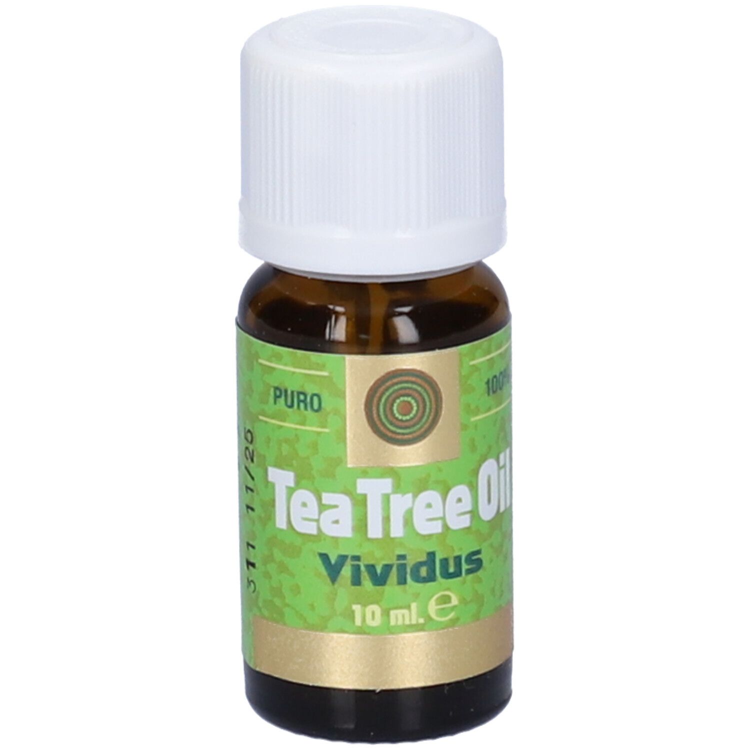 Flacone in vetro marrone con tappo bianco. Etichetta verde e oro: Tea Tree Oil Vividus, 10 ml.
