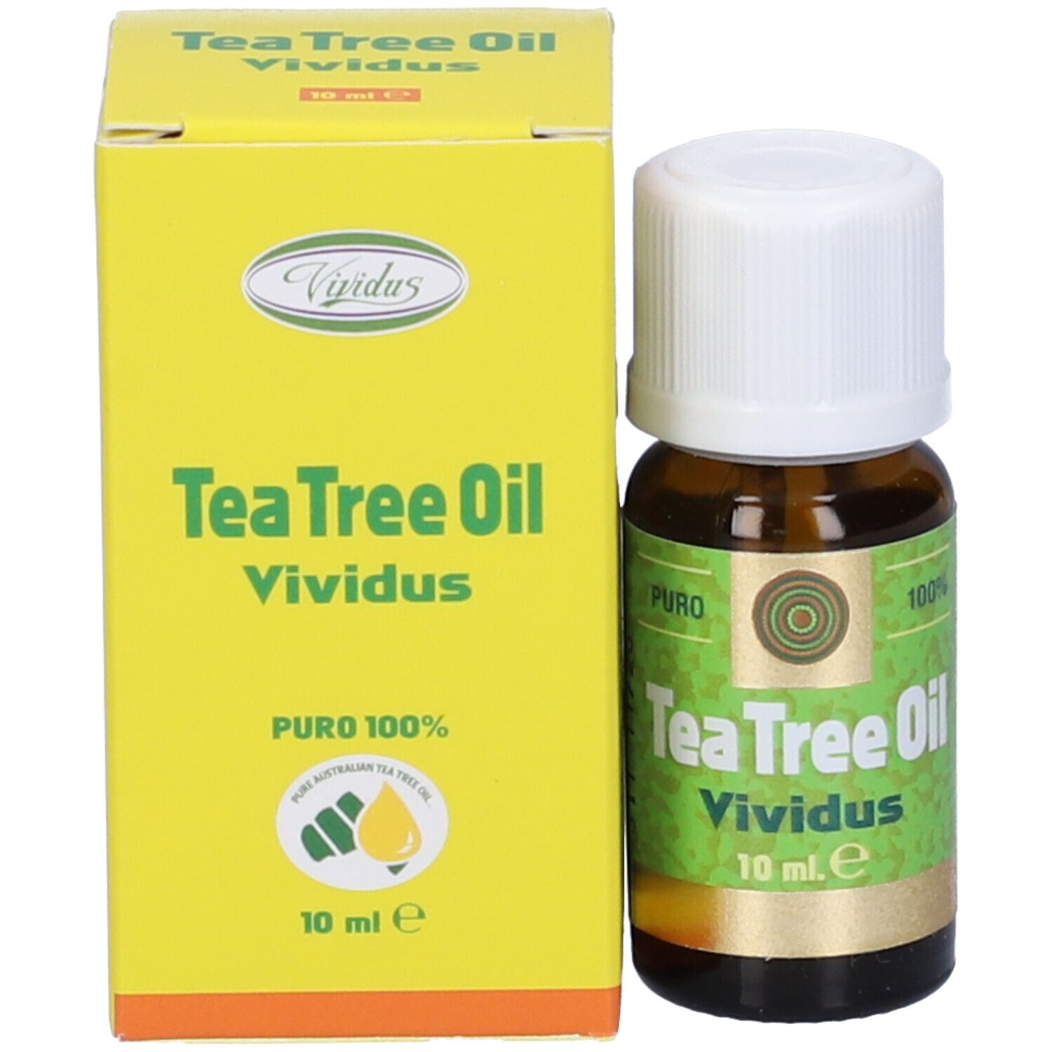 Flacone marrone, tappo bianco, accanto a scatola gialla. Scritta: Tea Tree Oil Vividus, 10 ml.