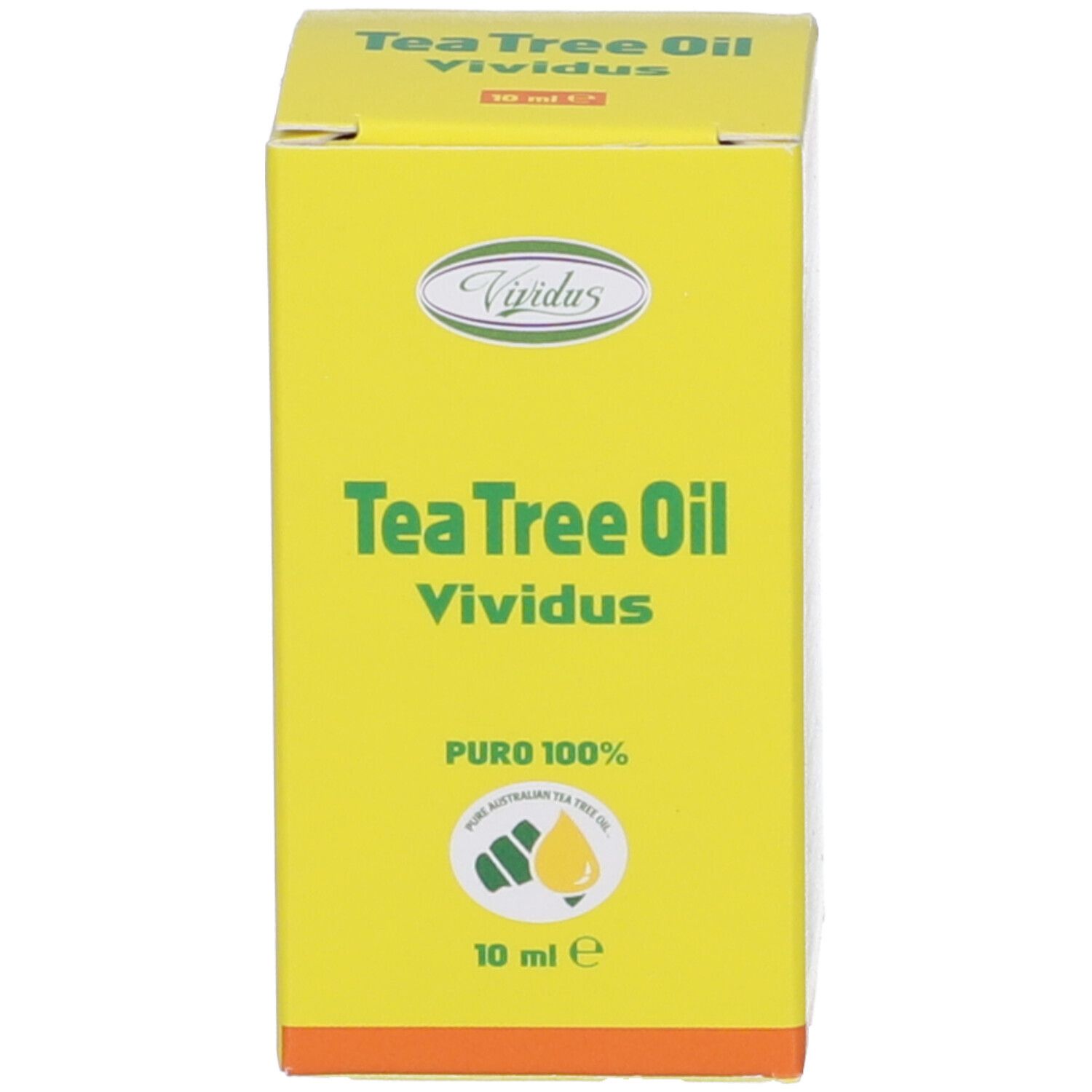 Scatola gialla con scritta: Tea Tree Oil Vividus, 10 ml. Logo e testo.