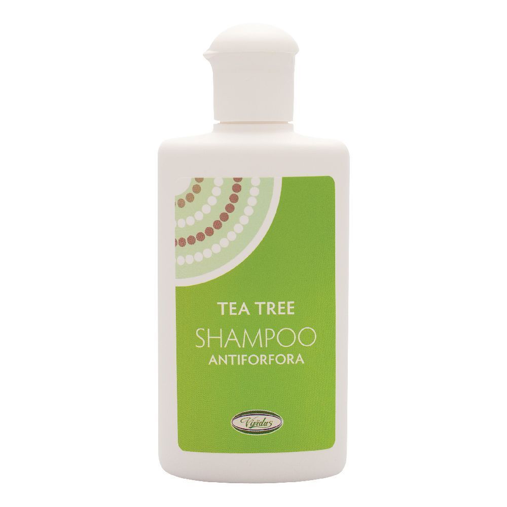 Flacone bianco con etichetta verde. Scritta: Tea Tree Shampoo Antiforfora.