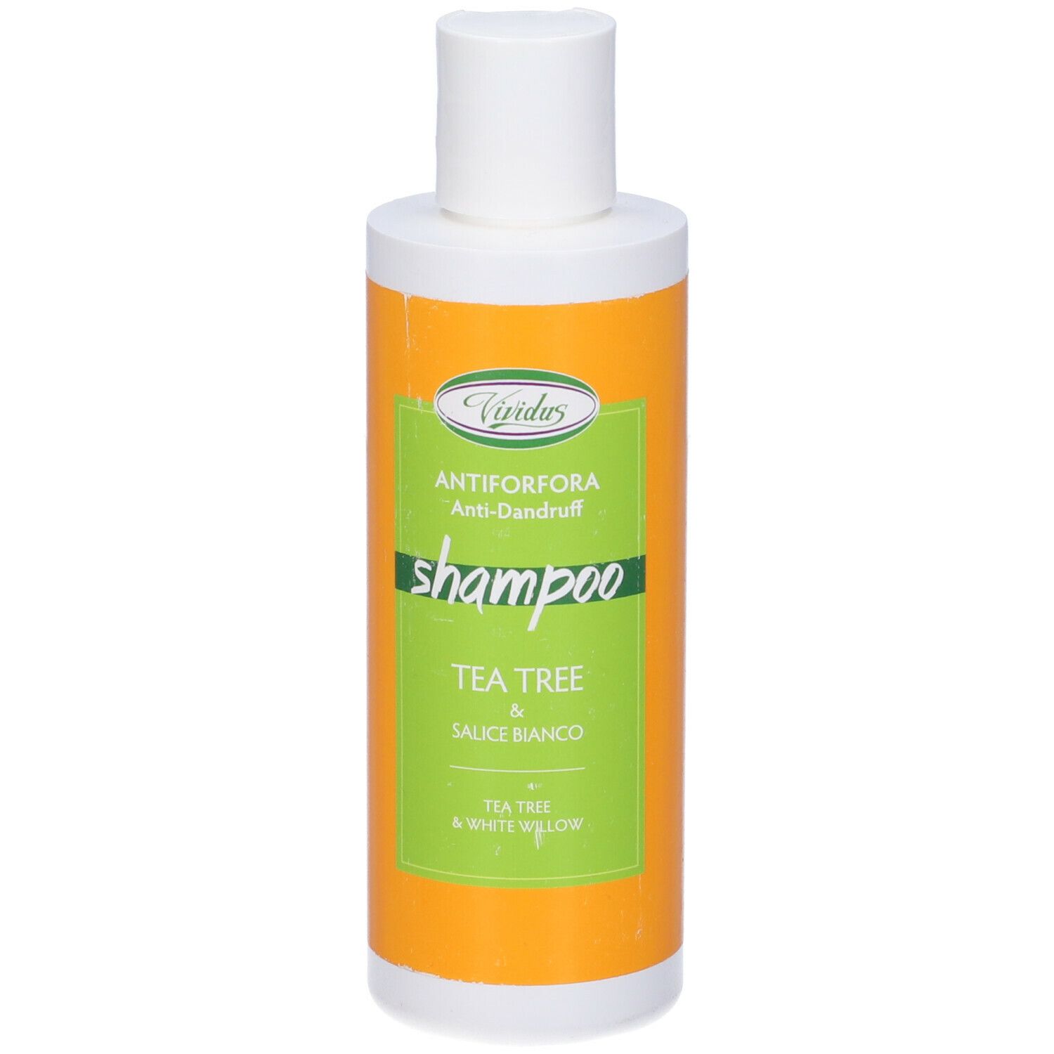 Flacone cilindrico con tappo bianco ed etichetta arancione. Scritta: Antiforfora Shampoo.