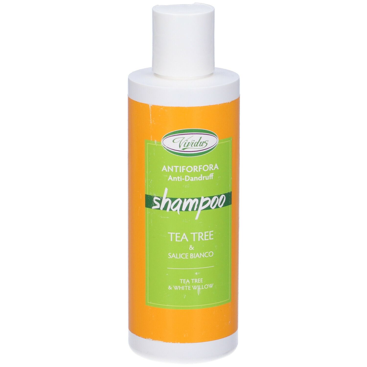 Flacone cilindrico con tappo bianco ed etichetta arancione. Scritta: Antiforfora Shampoo.