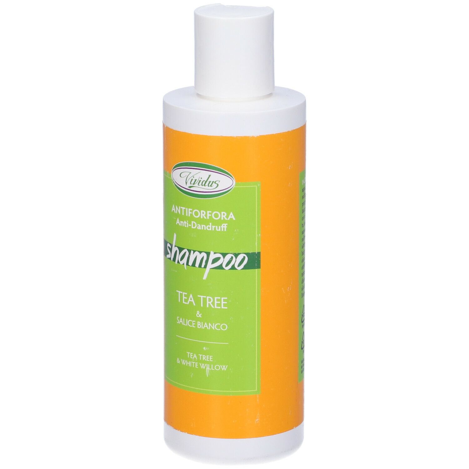 Flacone cilindrico con tappo bianco ed etichetta arancione. Scritta: Antiforfora Shampoo.