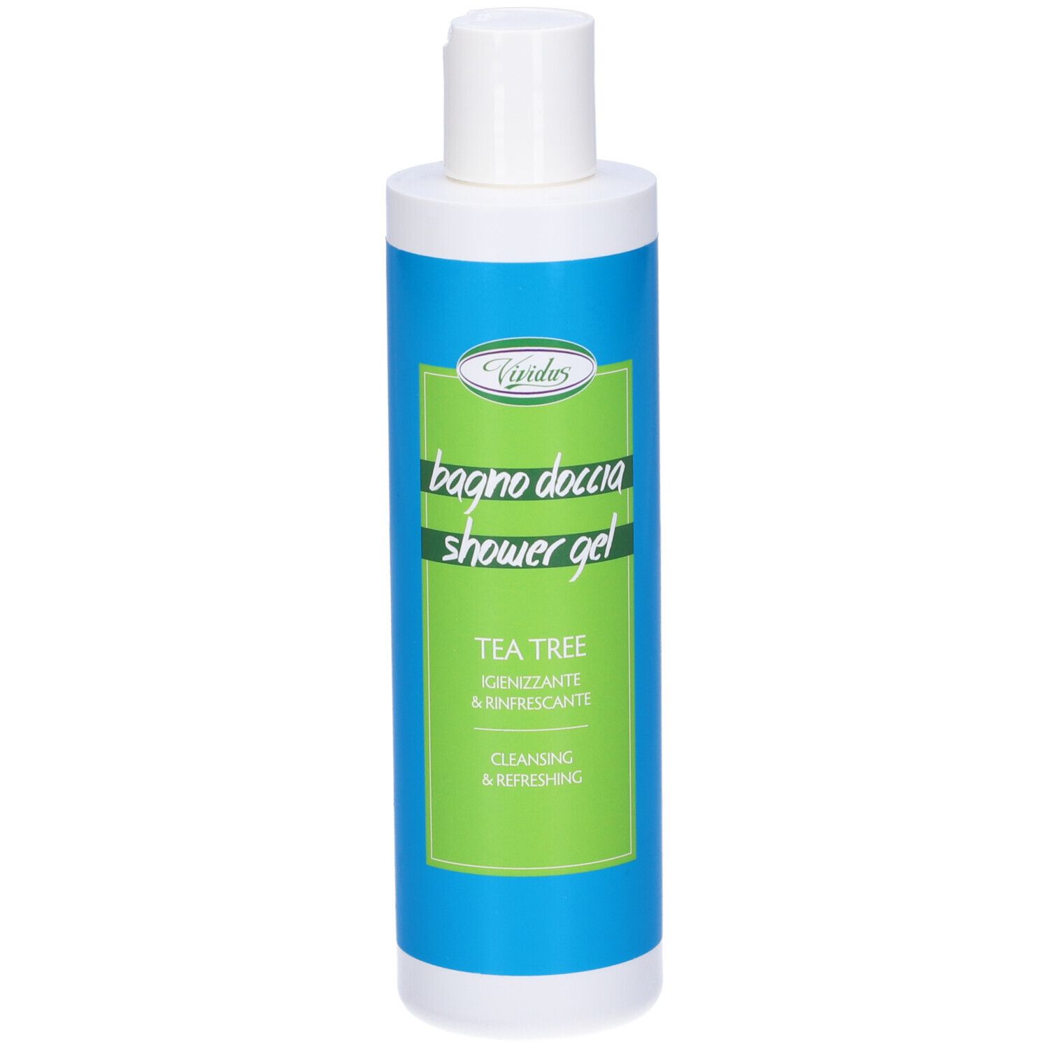Flacone blu e bianco con etichetta verde. Scritta: bagno doccia shower gel TEA TREE.