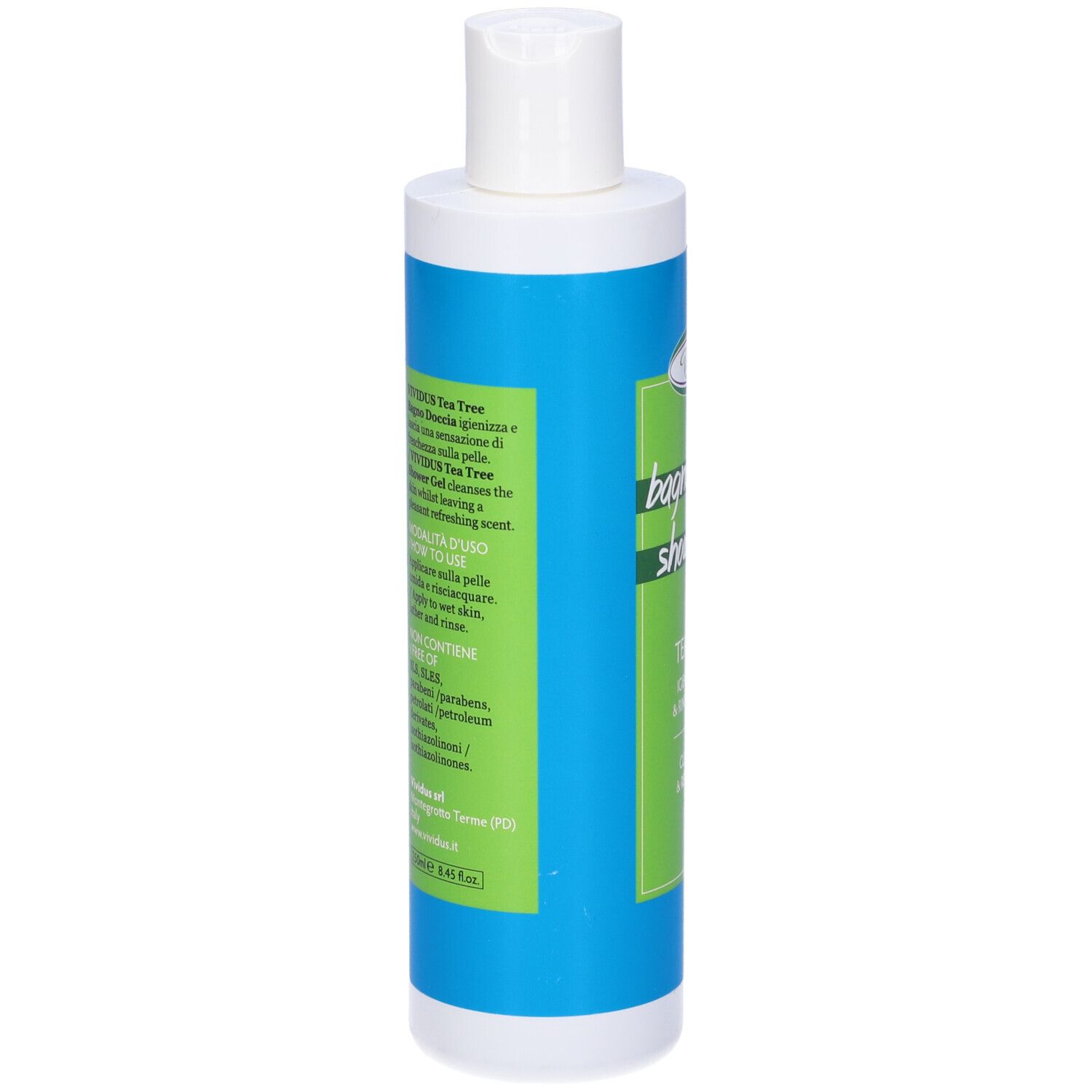 Flacone blu e bianco con etichetta verde. Testo: ingredienti, istruzioni per l'uso, ingredienti.