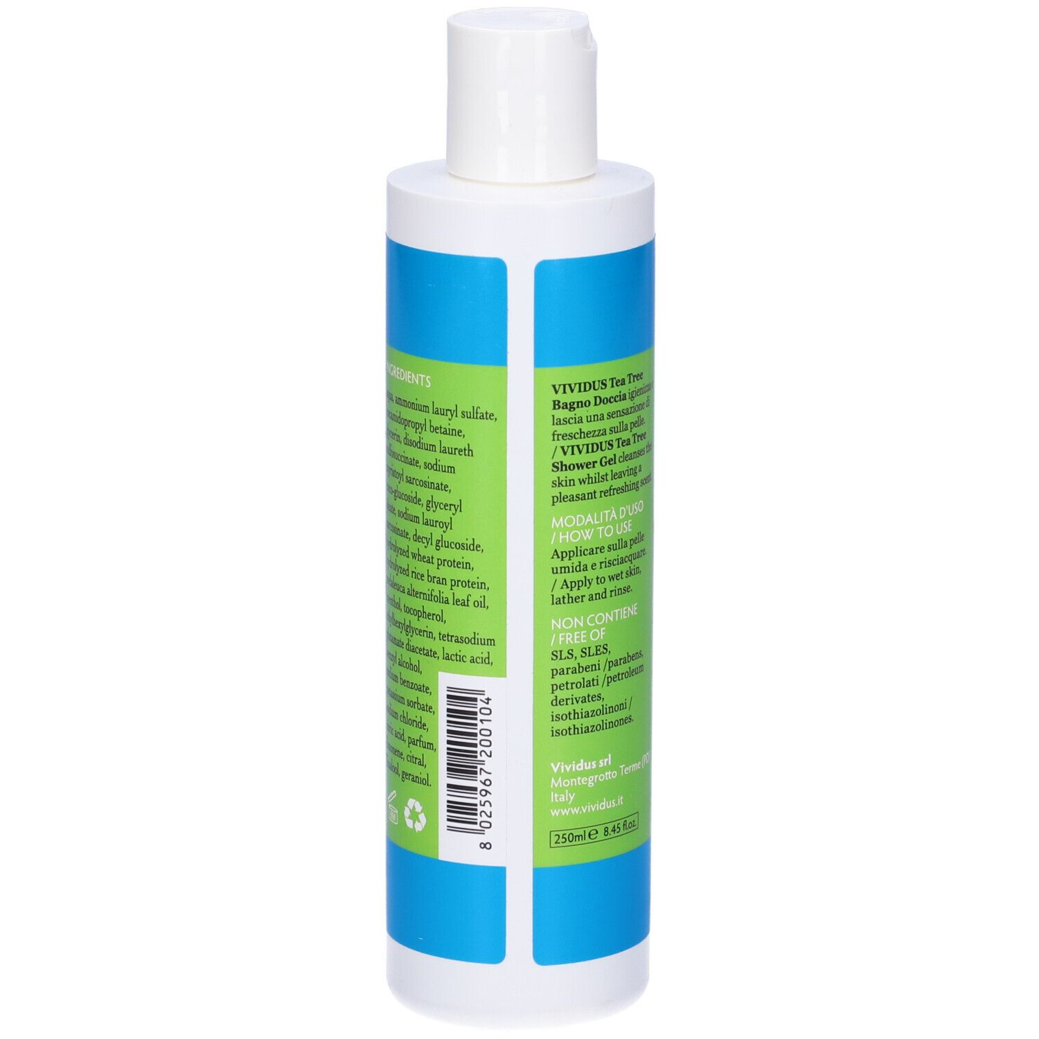 Flacone blu e bianco con etichetta verde. Testo: ingredienti, istruzioni per l'uso, ingredienti.