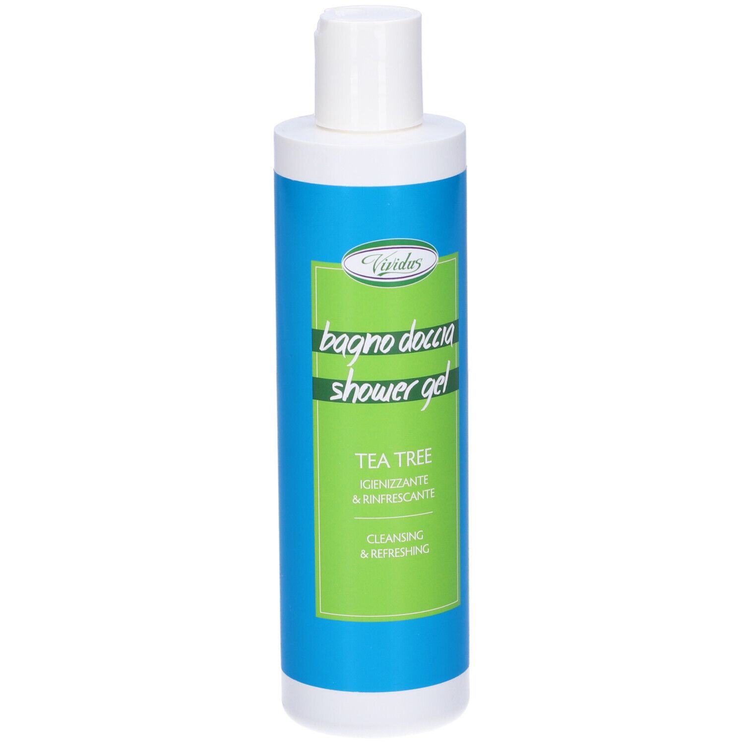 Flacone blu e bianco con etichetta verde. Scritta: bagno doccia shower gel TEA TREE.