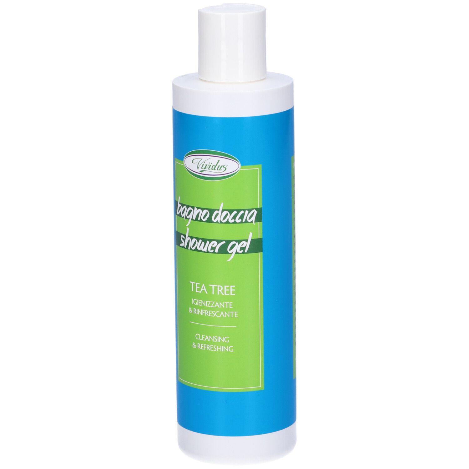 Flacone blu e bianco con etichetta verde. Scritta: bagno doccia shower gel TEA TREE.