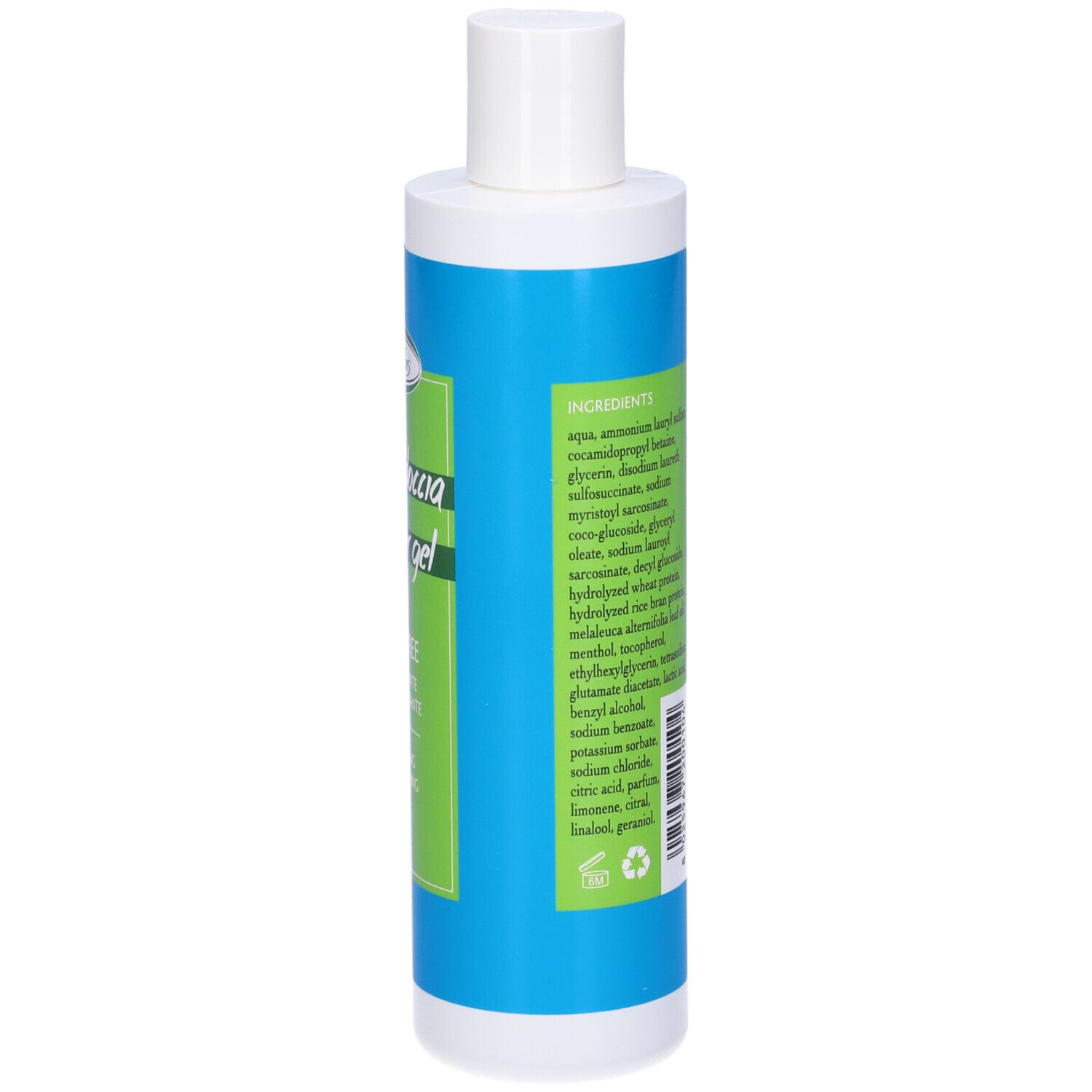 Flacone blu e bianco con etichetta verde. Testo: ingredienti.