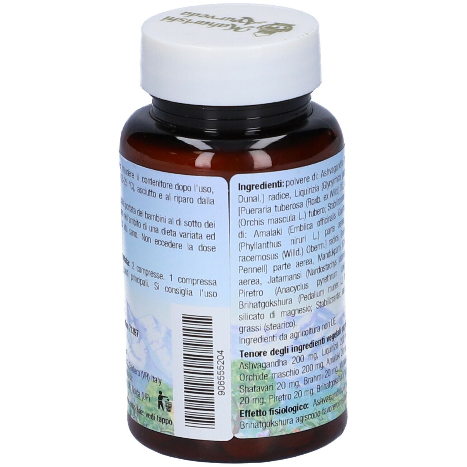 Retro del flacone di compresse. Testo in italiano. Flacone marrone con tappo bianco. Marca: Maharishi Ayurveda.