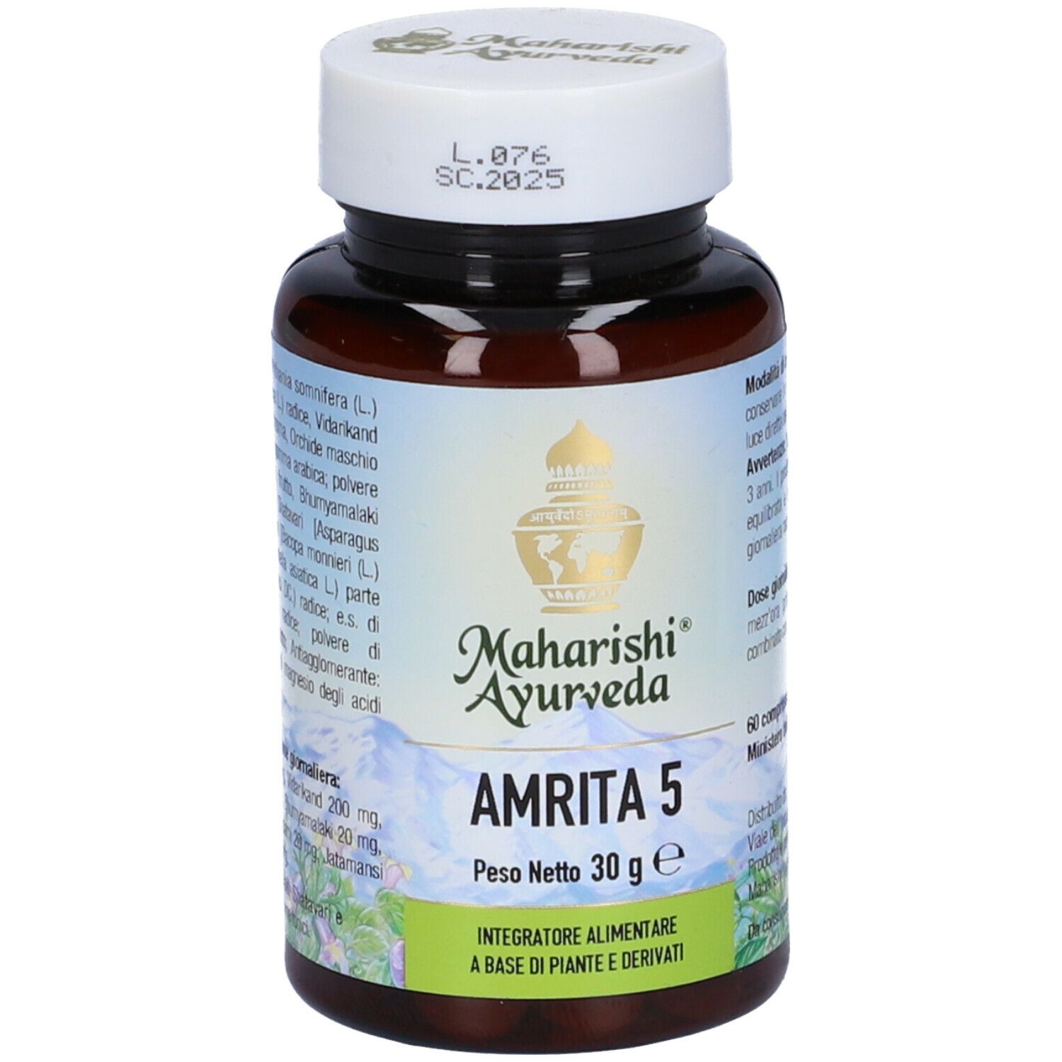 Flacone di compresse marrone con tappo bianco. Scritta: Maharishi Ayurveda, Amrita 5, 30 g. Etichetta con ingredienti.