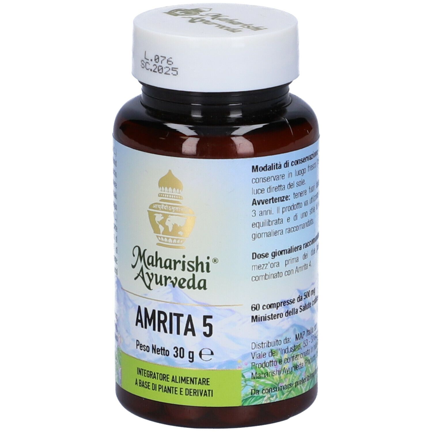 Flacone di compresse marrone con tappo bianco. Scritta: Maharishi Ayurveda, Amrita 5, 30 g. Etichetta con ingredienti.