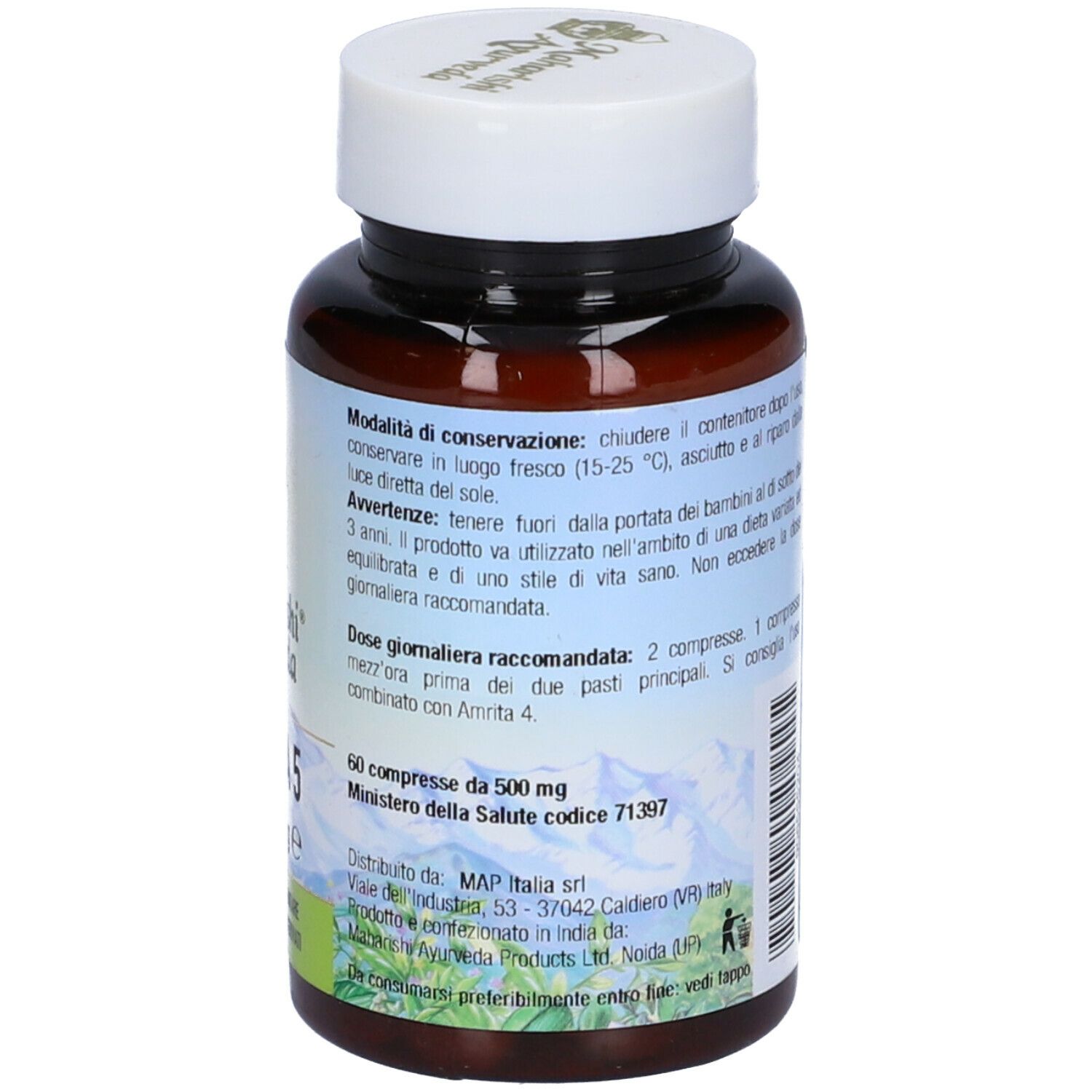 Retro del flacone di compresse. Testo in italiano. Flacone marrone con tappo bianco. Marca: Maharishi Ayurveda.