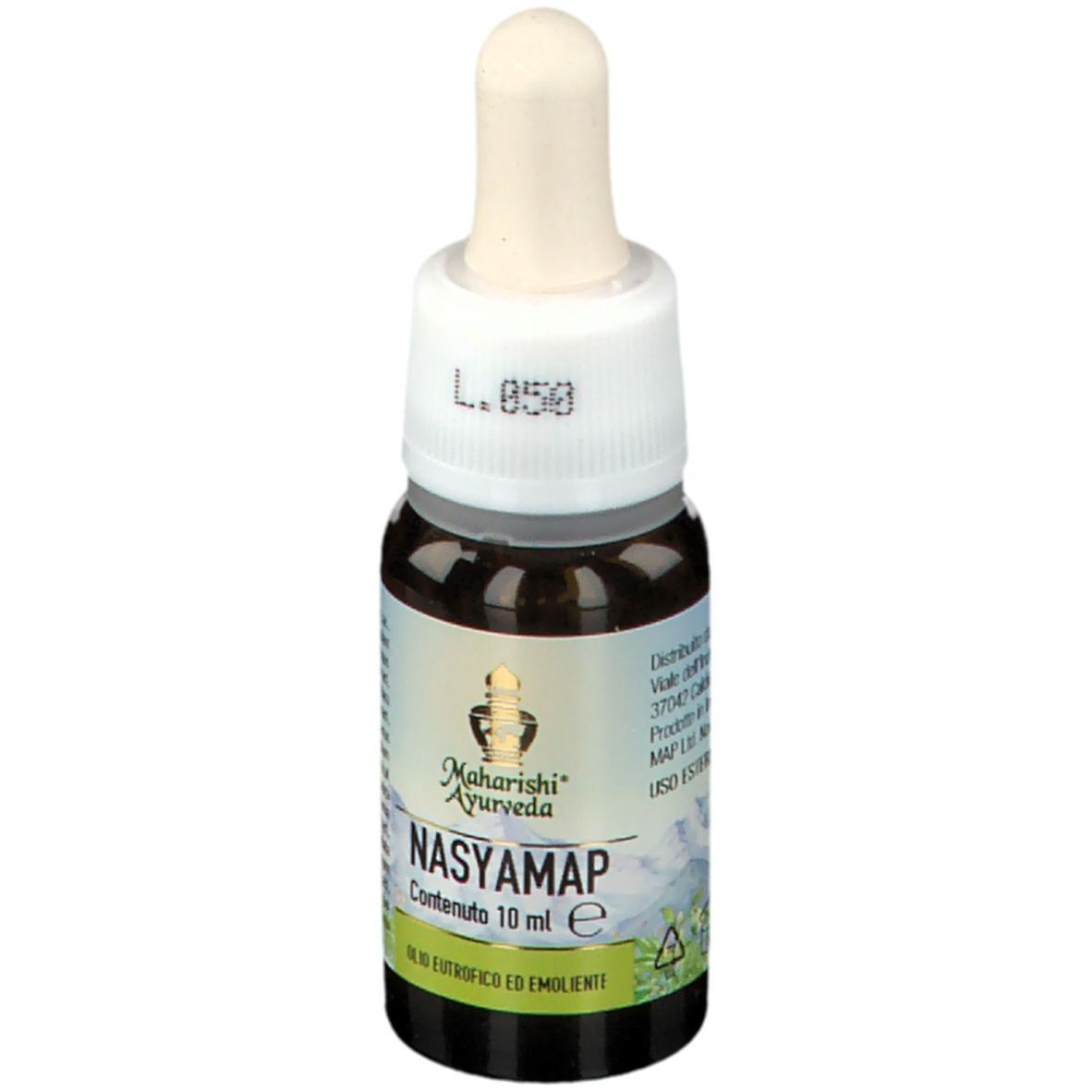 Braune Glasflasche mit weißem Verschluss und Pipette. Aufschrift: Maharishi Ayurveda NASYAMAP, 10 ml.