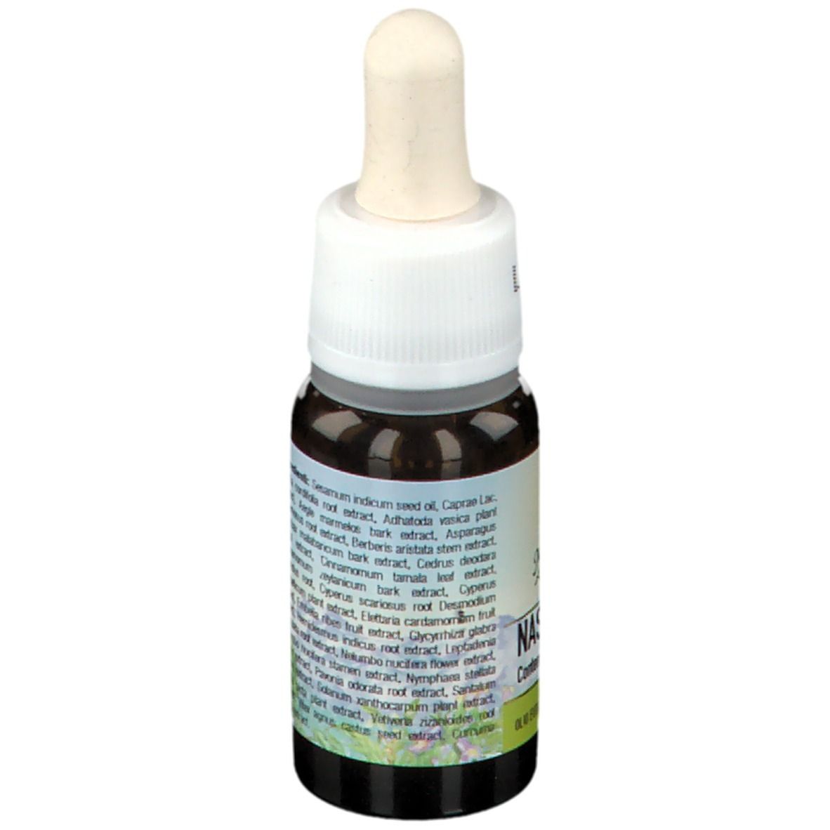 Braune Glasflasche mit weißem Verschluss und Pipette. Aufschrift: Inhaltsstoffe.
