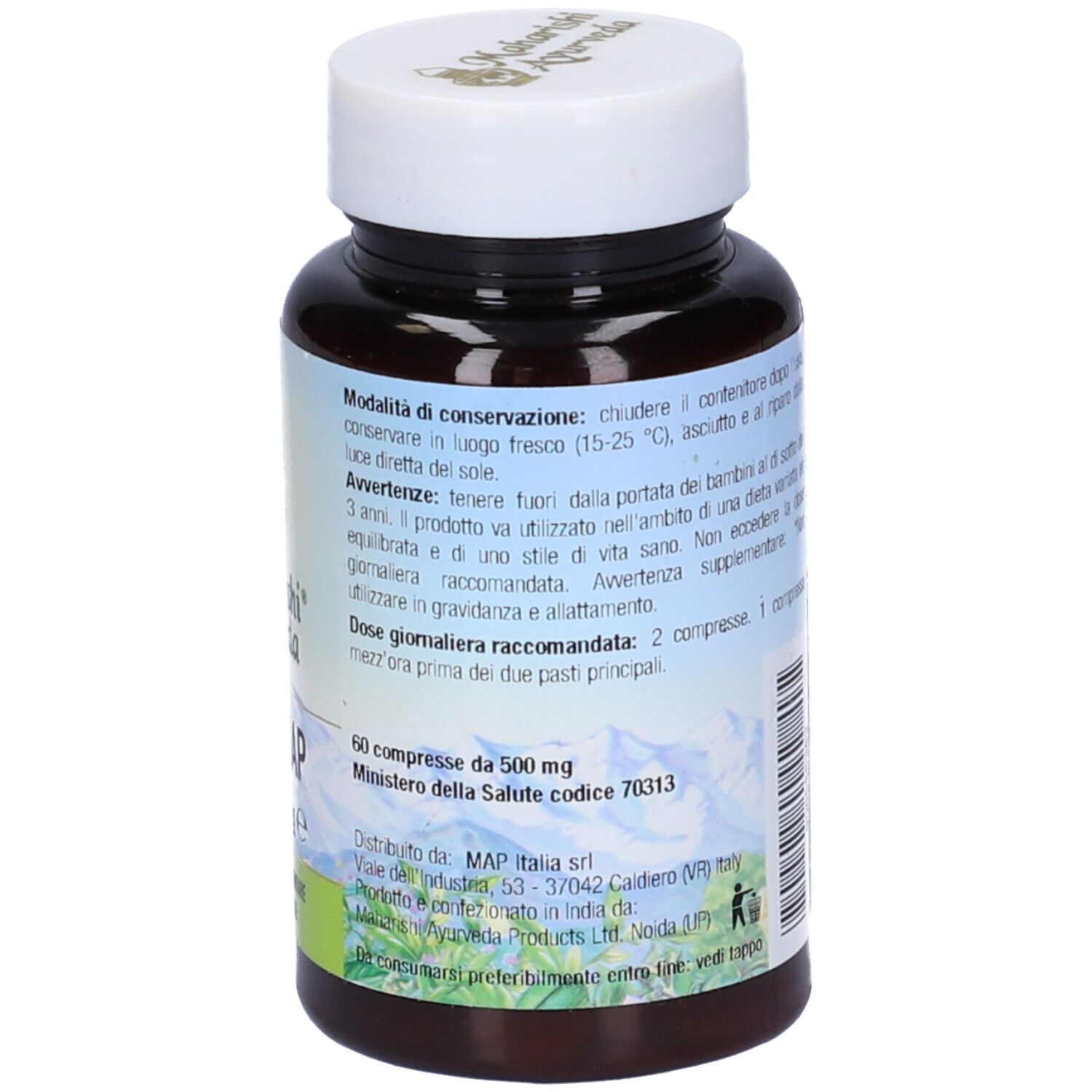 Flacone marrone con tappo bianco. Scritta Balamap, logo e 60 compresse. Integratore alimentare.