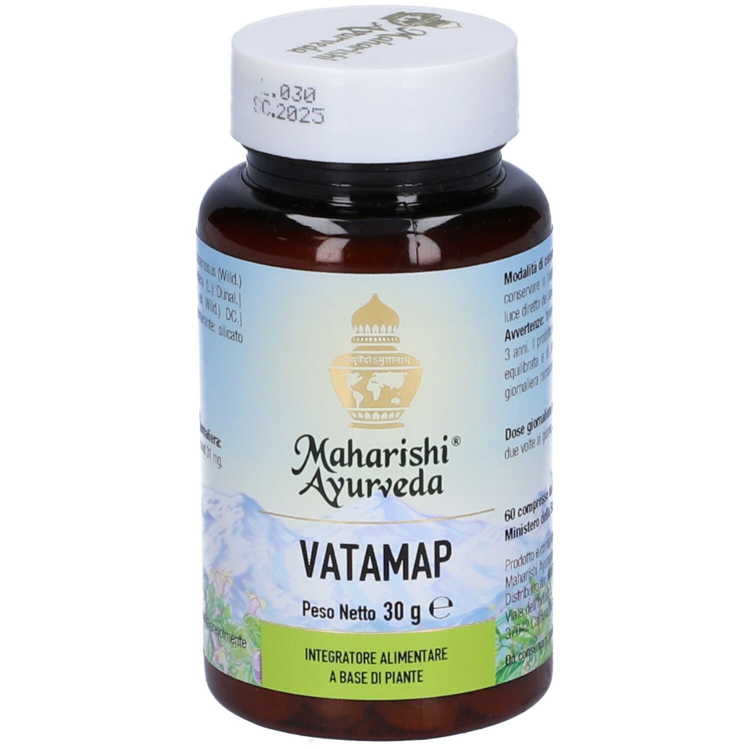 Flacone marrone di compresse con tappo bianco. Scritta: Vatamap, Maharishi Ayurveda. Peso netto 30 g.