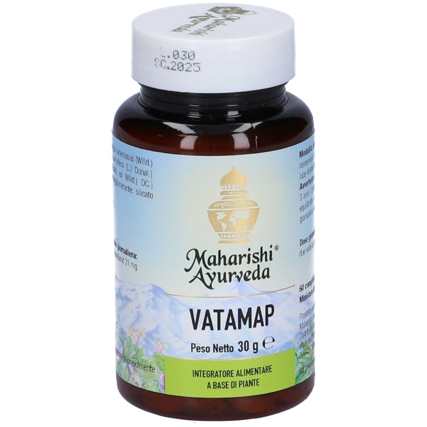 Flacone marrone di compresse con tappo bianco. Scritta: Vatamap, Maharishi Ayurveda. Peso netto 30 g.