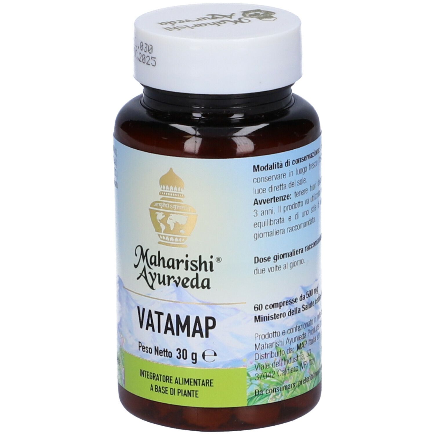Flacone marrone di compresse con tappo bianco. Scritta: Vatamap, Maharishi Ayurveda. Peso netto 30 g. 60 compresse.