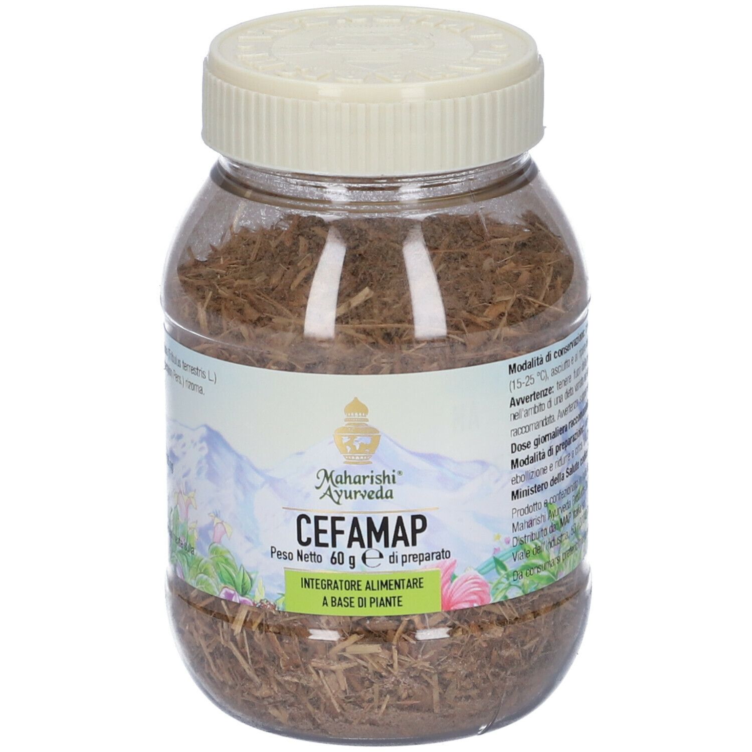 Contenitore trasparente con contenuto marrone e coperchio crema. Scritta: Cefamap, Maharishi Ayurveda.