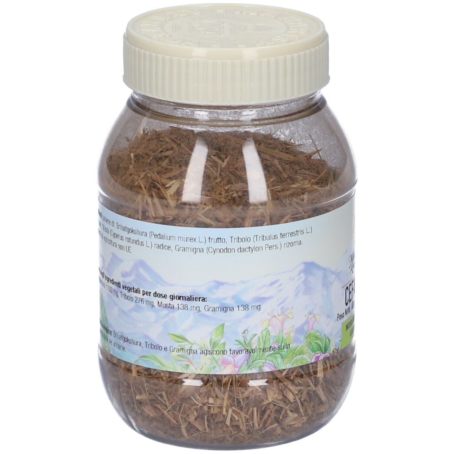 Contenitore trasparente con contenuto marrone e coperchio crema. Retro con ingredienti e testo.