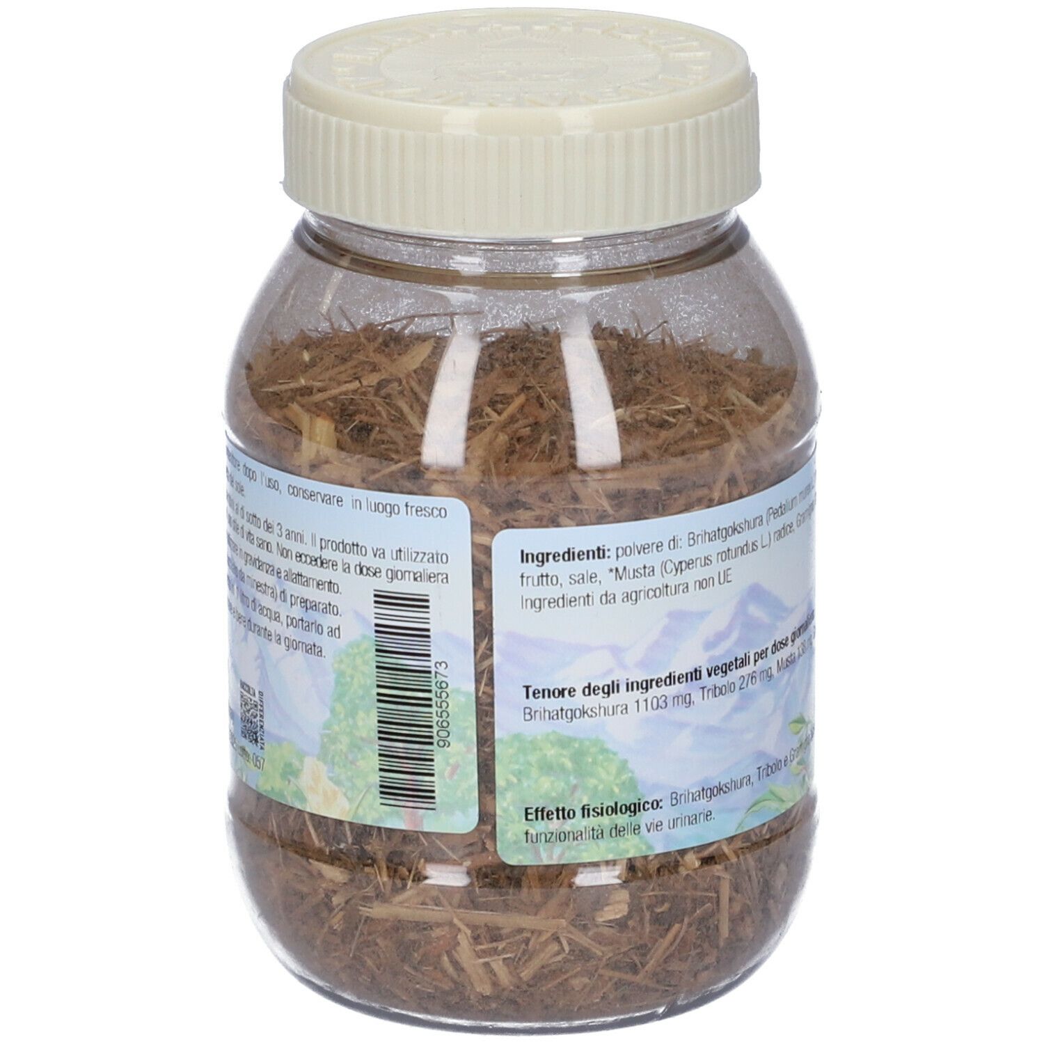 Contenitore trasparente con contenuto marrone e coperchio crema. Retro con ingredienti e testo.