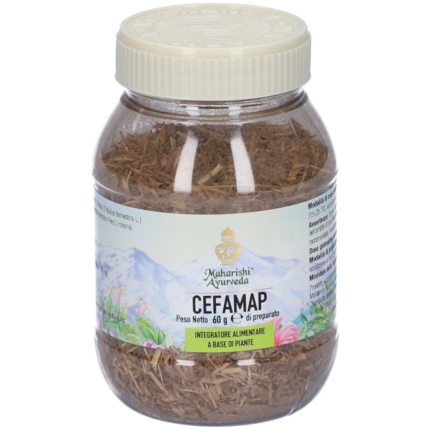 Contenitore trasparente con contenuto marrone e coperchio crema. Scritta: Cefamap, Maharishi Ayurveda.