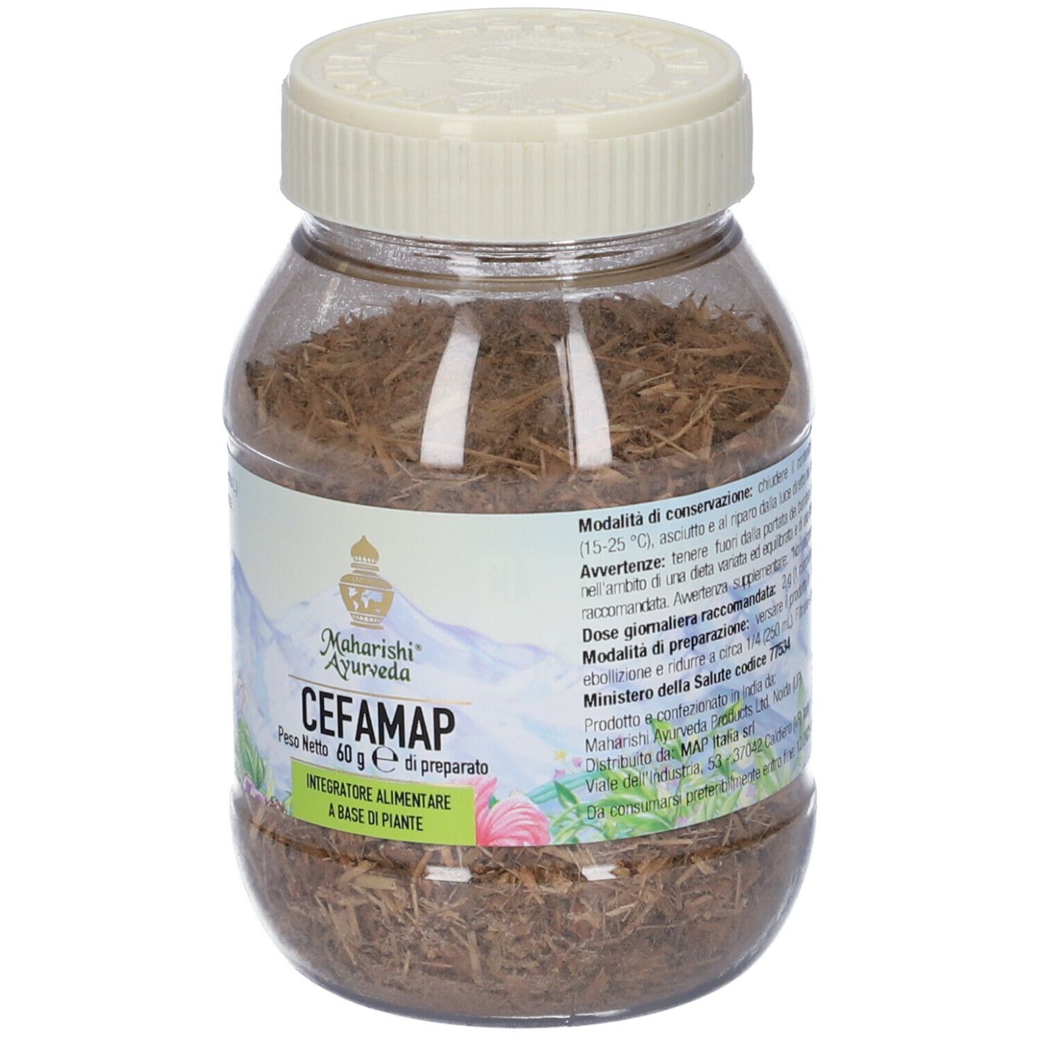 Contenitore trasparente con contenuto marrone e coperchio crema. Scritta: Cefamap, Maharishi Ayurveda.