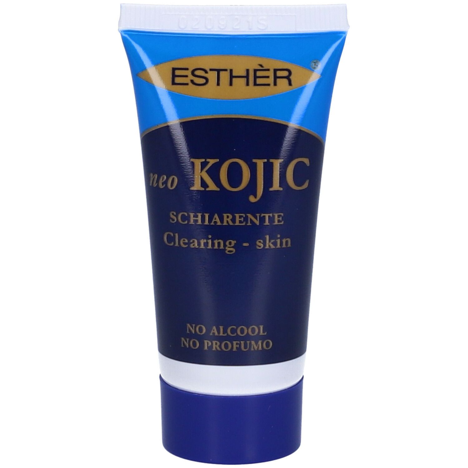 Tubo blu con tappo bianco. Scritta: ESTHÈR, neo KOJIC, SCHIARENTE. Senza alcool, senza profumo.