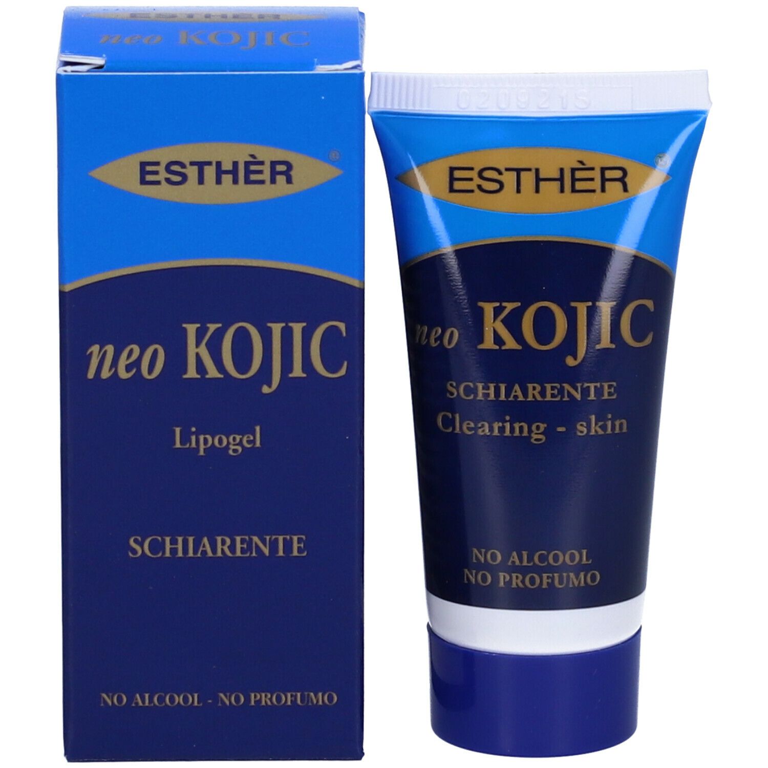 Confezione del prodotto con tubo e scatola. Scritta: ESTHÈR, neo KOJIC, Lipogel, SCHIARENTE. Senza alcool, senza profumo.
