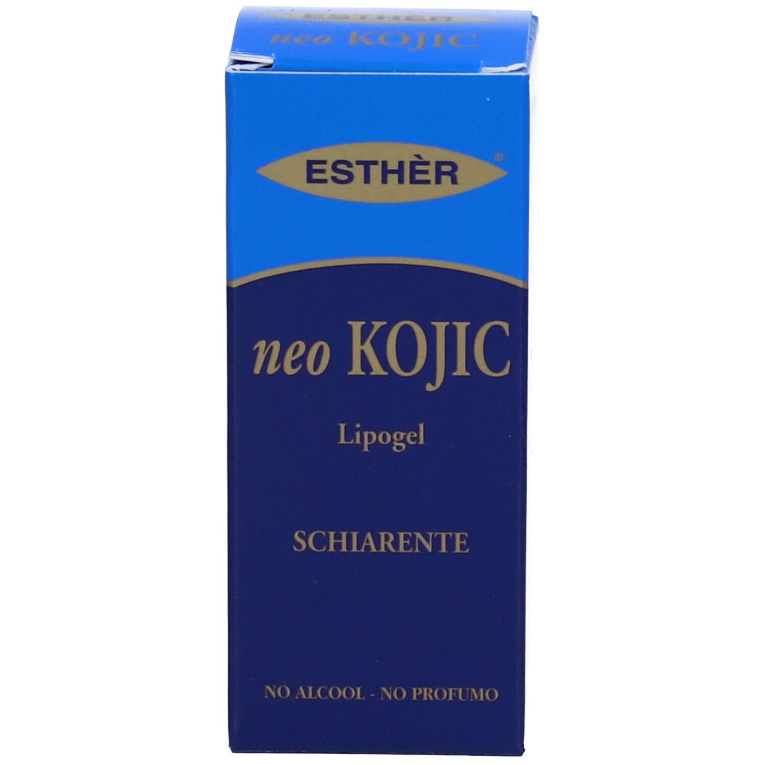 Scatola blu con scritta: ESTHÈR, neo KOJIC, Lipogel, SCHIARENTE. Senza alcool, senza profumo.