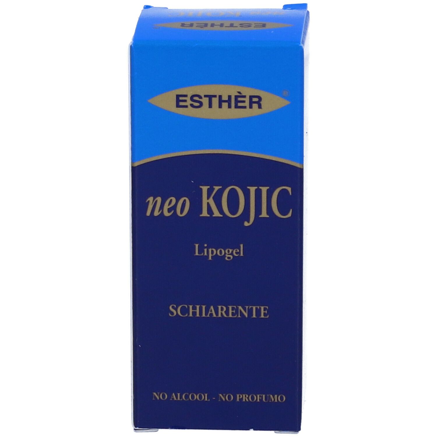 Scatola blu con scritta: ESTHÈR, neo KOJIC, Lipogel, SCHIARENTE. Senza alcool, senza profumo.