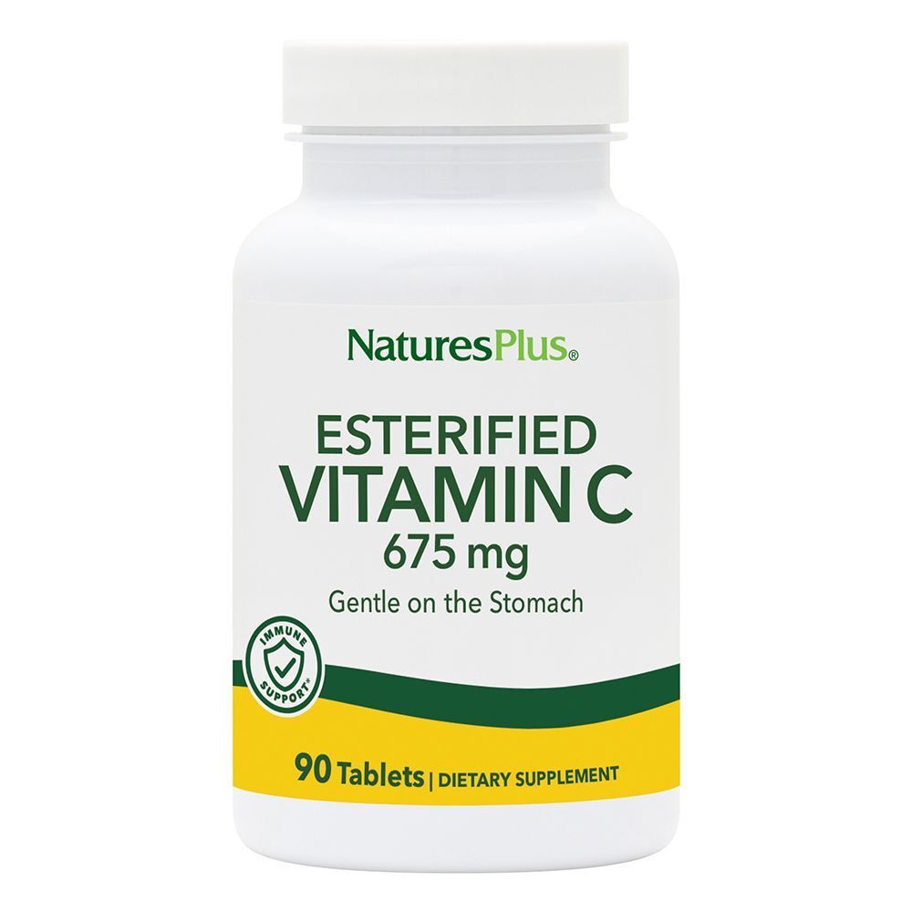 Flacone bianco con tappo a vite. Scritta: Esterified Vitamin C 675 mg, 90 compresse. Marchio: NaturesPlus. Con sigillo.