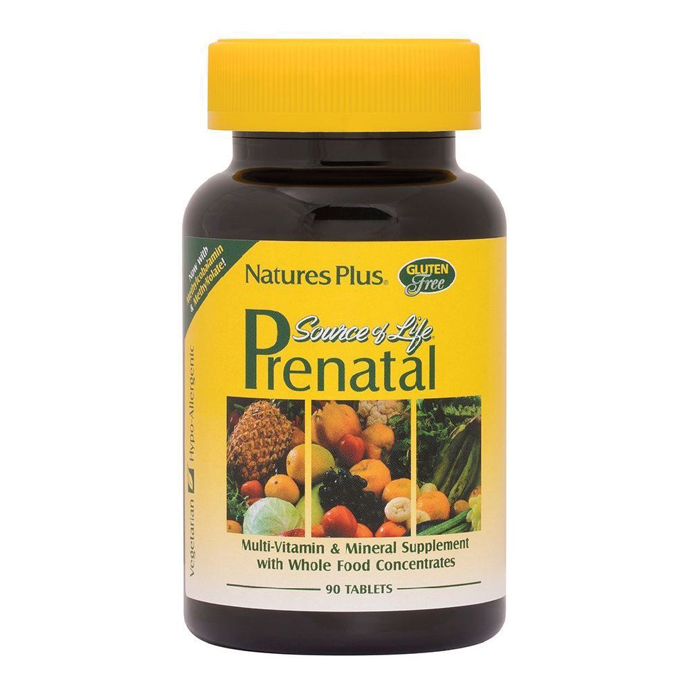 Flacone marrone con tappo giallo. Scritta: Source of Life Prenatal. 90 compresse. Senza glutine.