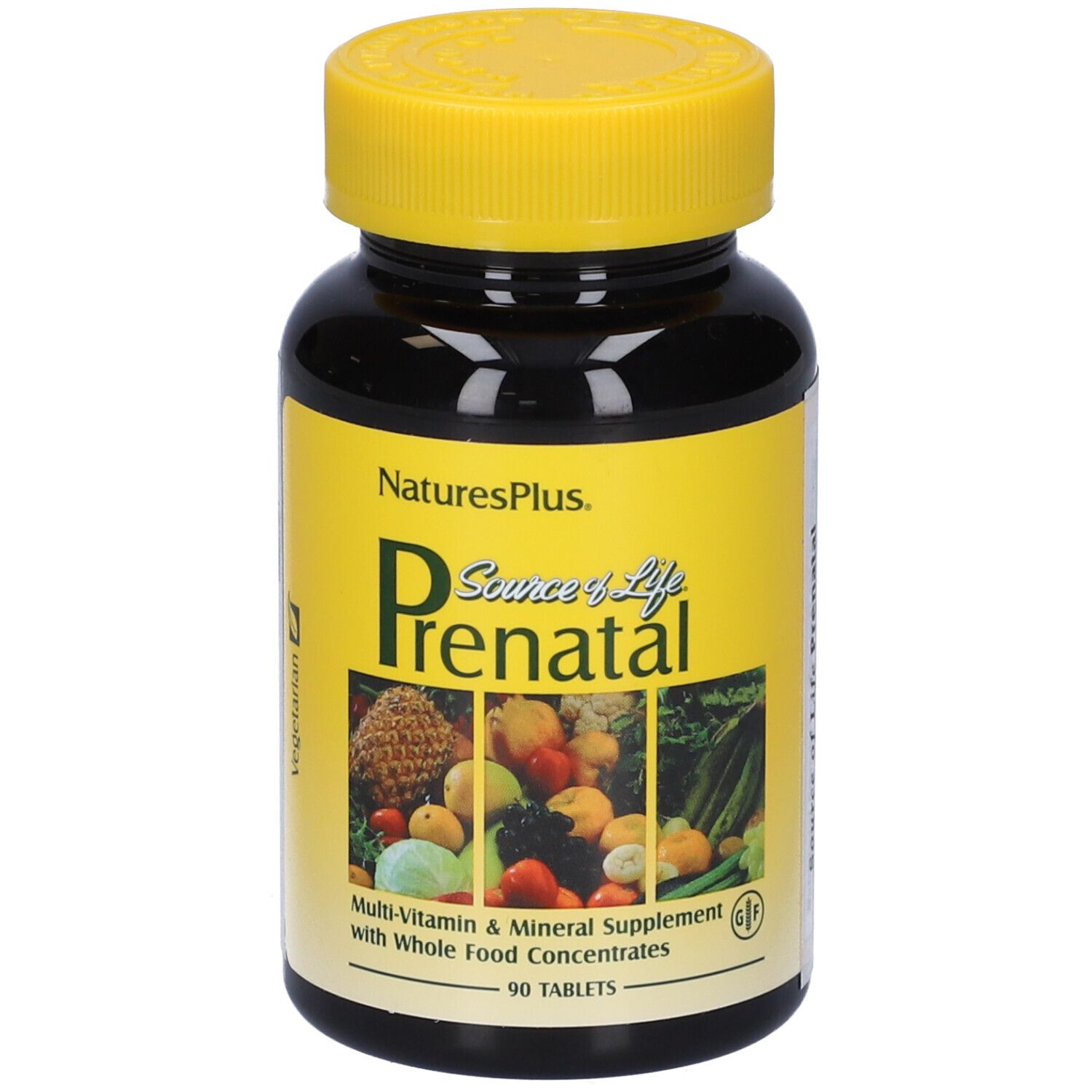 Flacone marrone con tappo giallo. Scritta: Source of Life Prenatal. 90 compresse. Senza glutine.