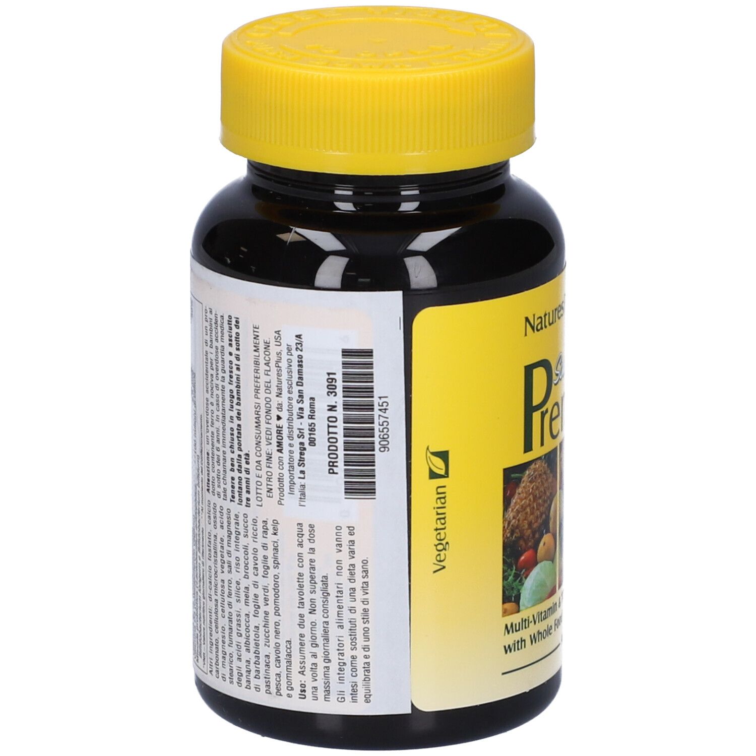 Flacone marrone con tappo giallo. Retro con testo e informazioni nutrizionali. Vegetariano.