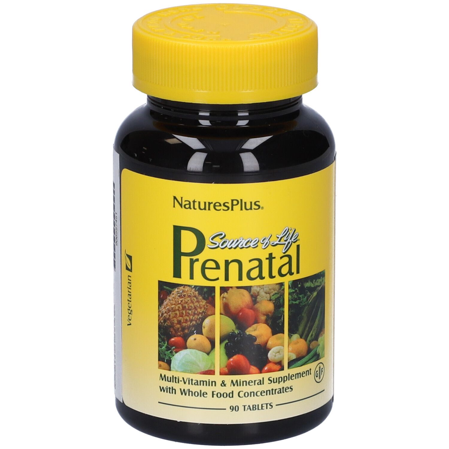 Flacone marrone con tappo giallo. Scritta: Source of Life Prenatal. 90 compresse. Vegetariano.