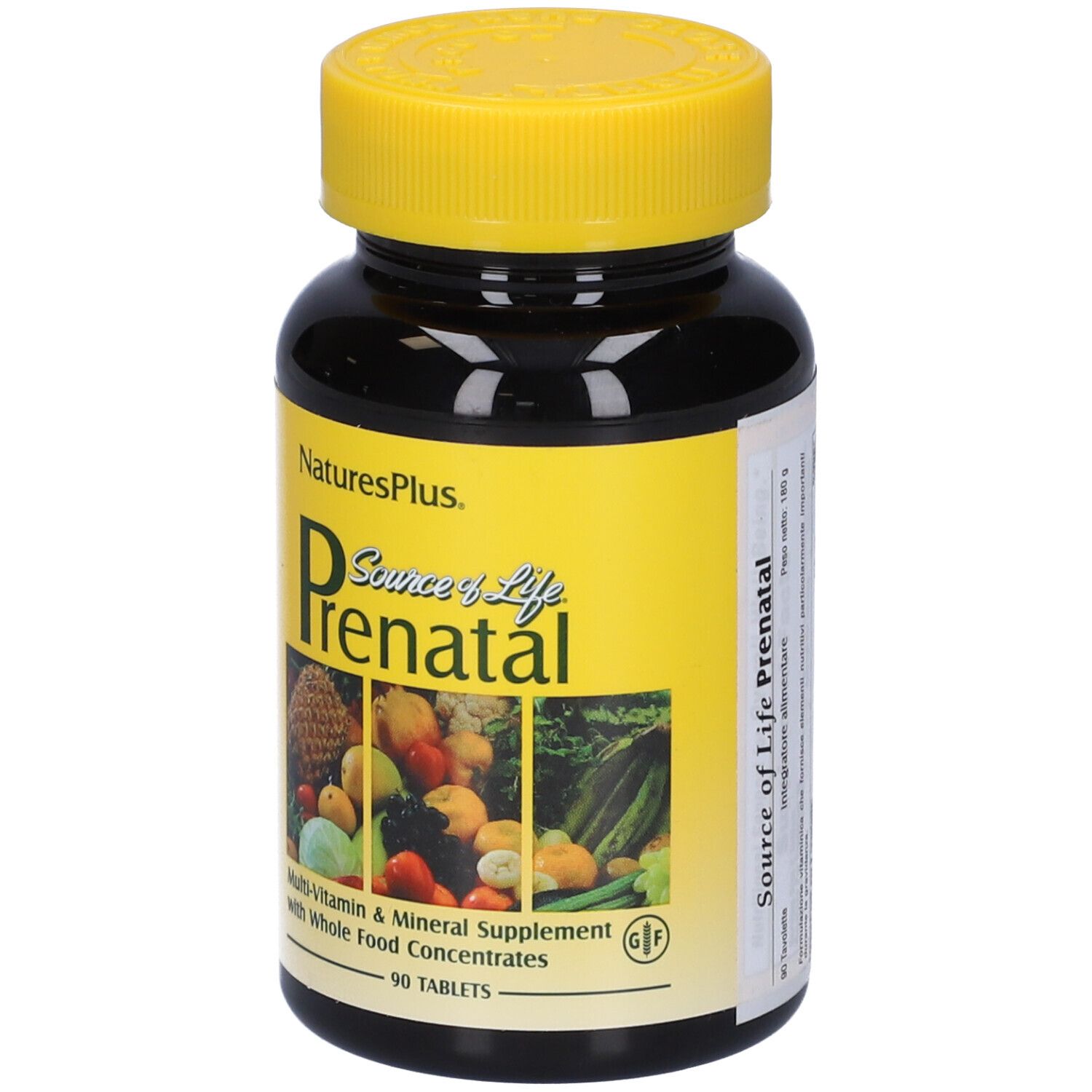 Flacone marrone con tappo giallo. Scritta: Source of Life Prenatal. 90 compresse. Senza glutine.