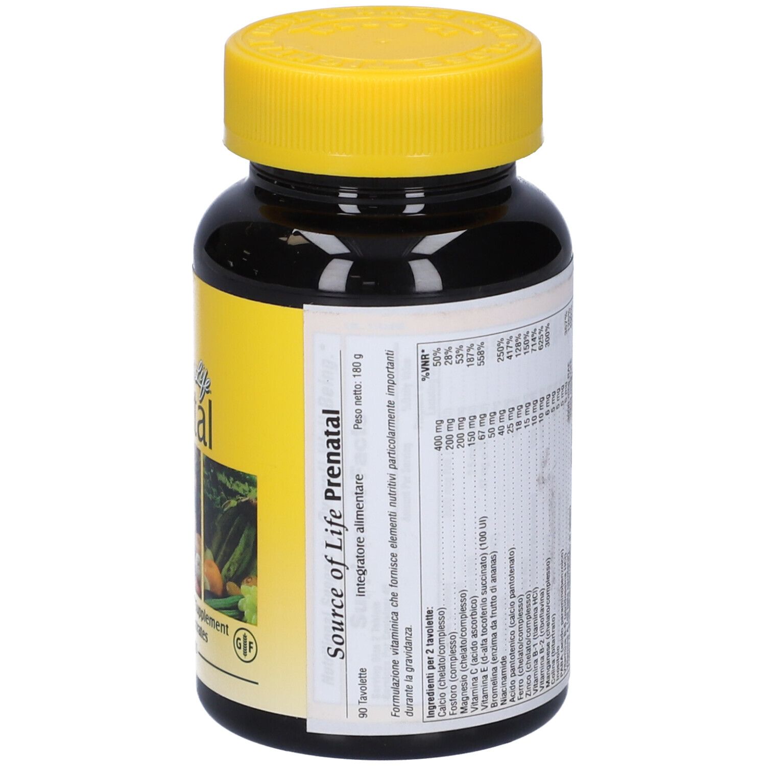 Flacone marrone con tappo giallo. Scritta: Source of Life Prenatal. 90 compresse. Vegetariano.