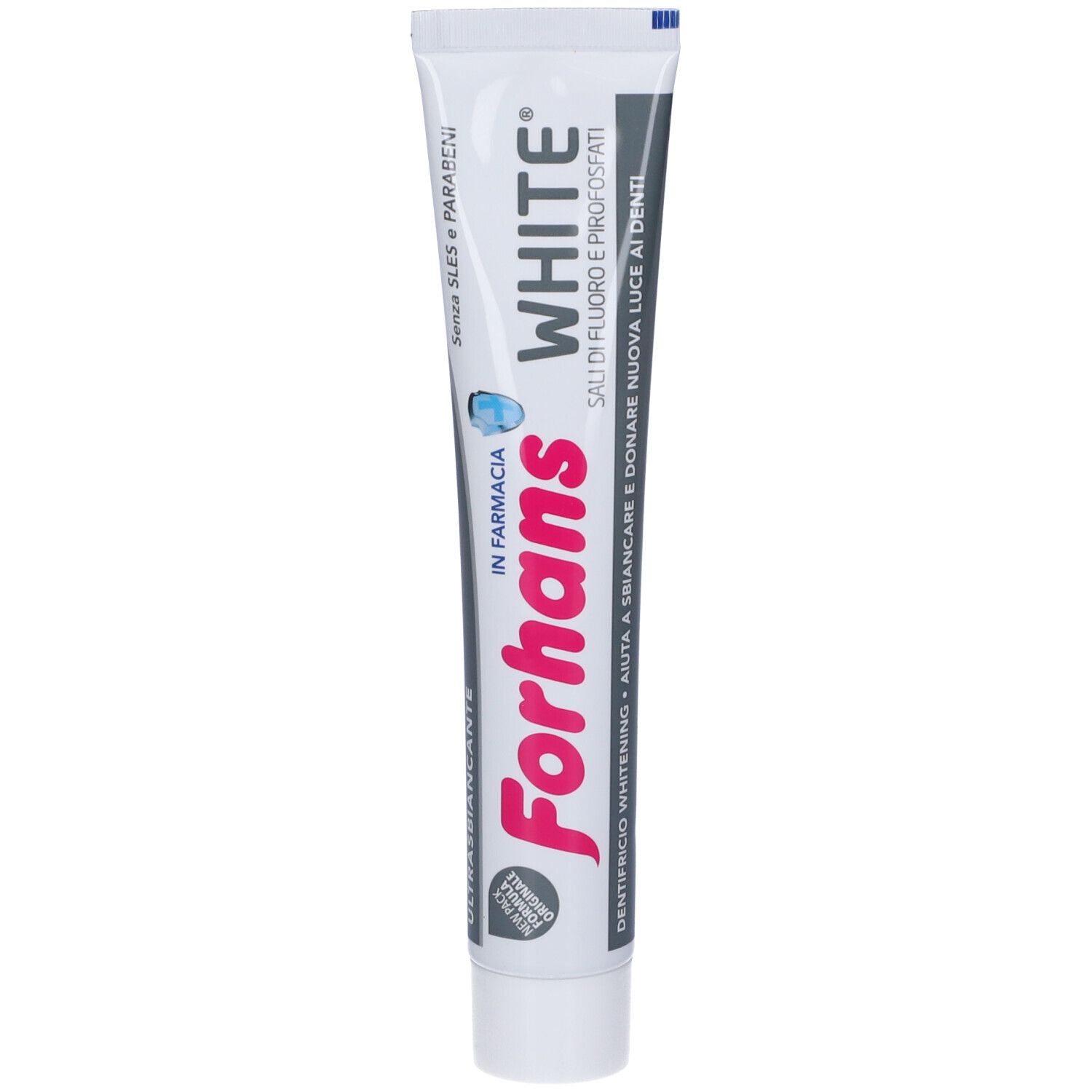 Zahncreme-Tube Forhans White. Weiß, mit roter und blauer Schrift. Enthält Fluorid und Pyrophosphate.