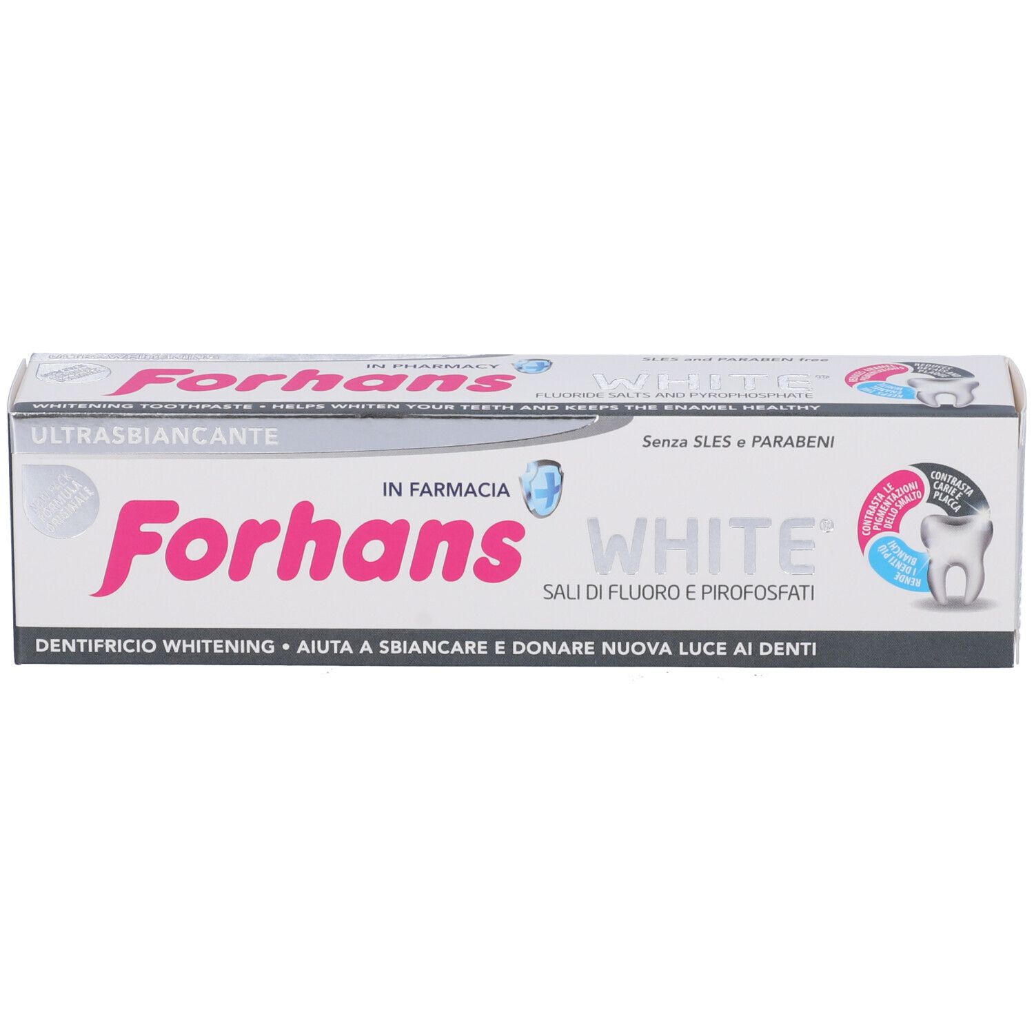 Verpackung von Forhans White Zahnpasta. Weiß, mit roter und blauer Schrift. Enthält Fluorid und Pyrophosphate.