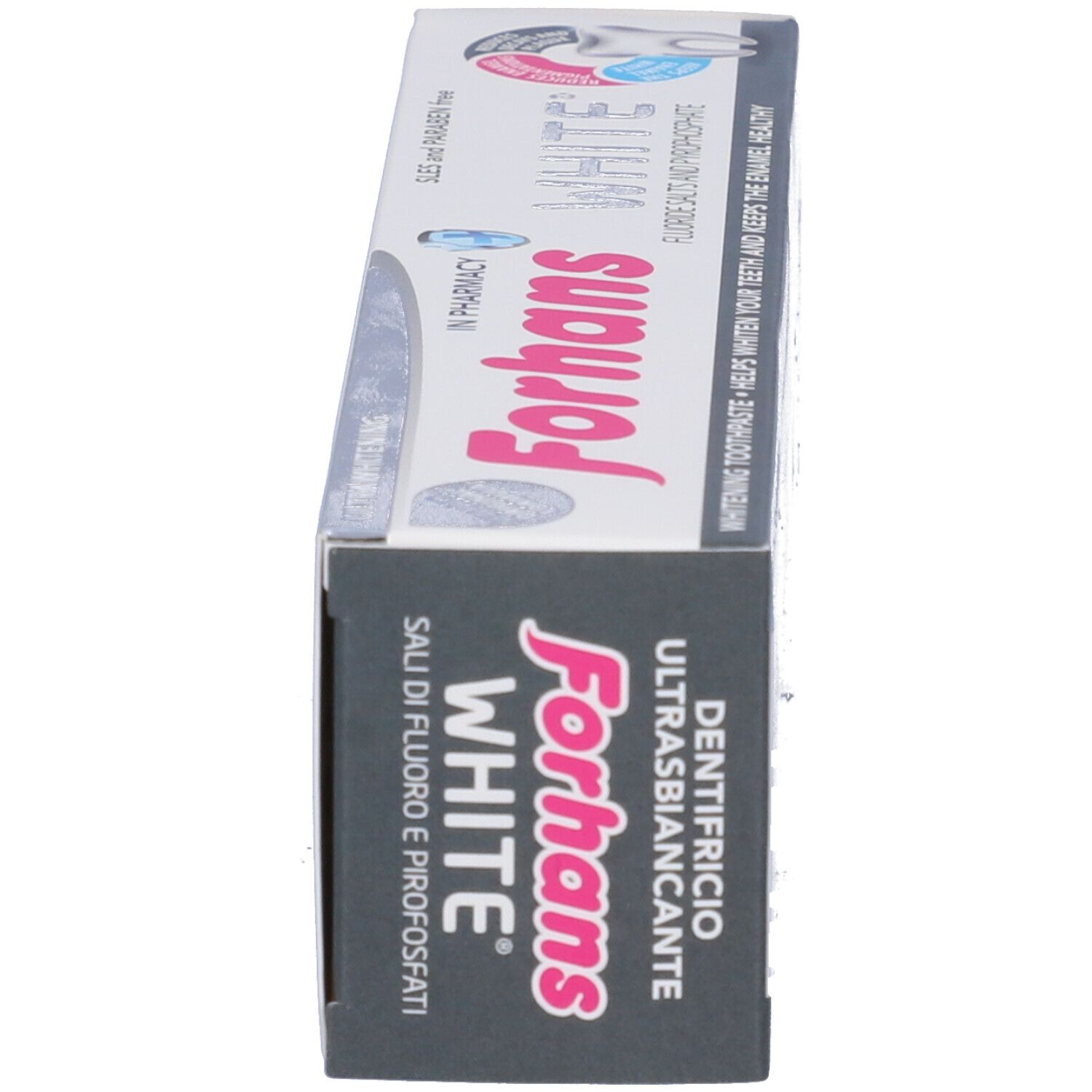 Seitenansicht der Forhans White Zahnpasta-Verpackung. Weiß, mit roter und blauer Schrift. Enthält Fluorid.