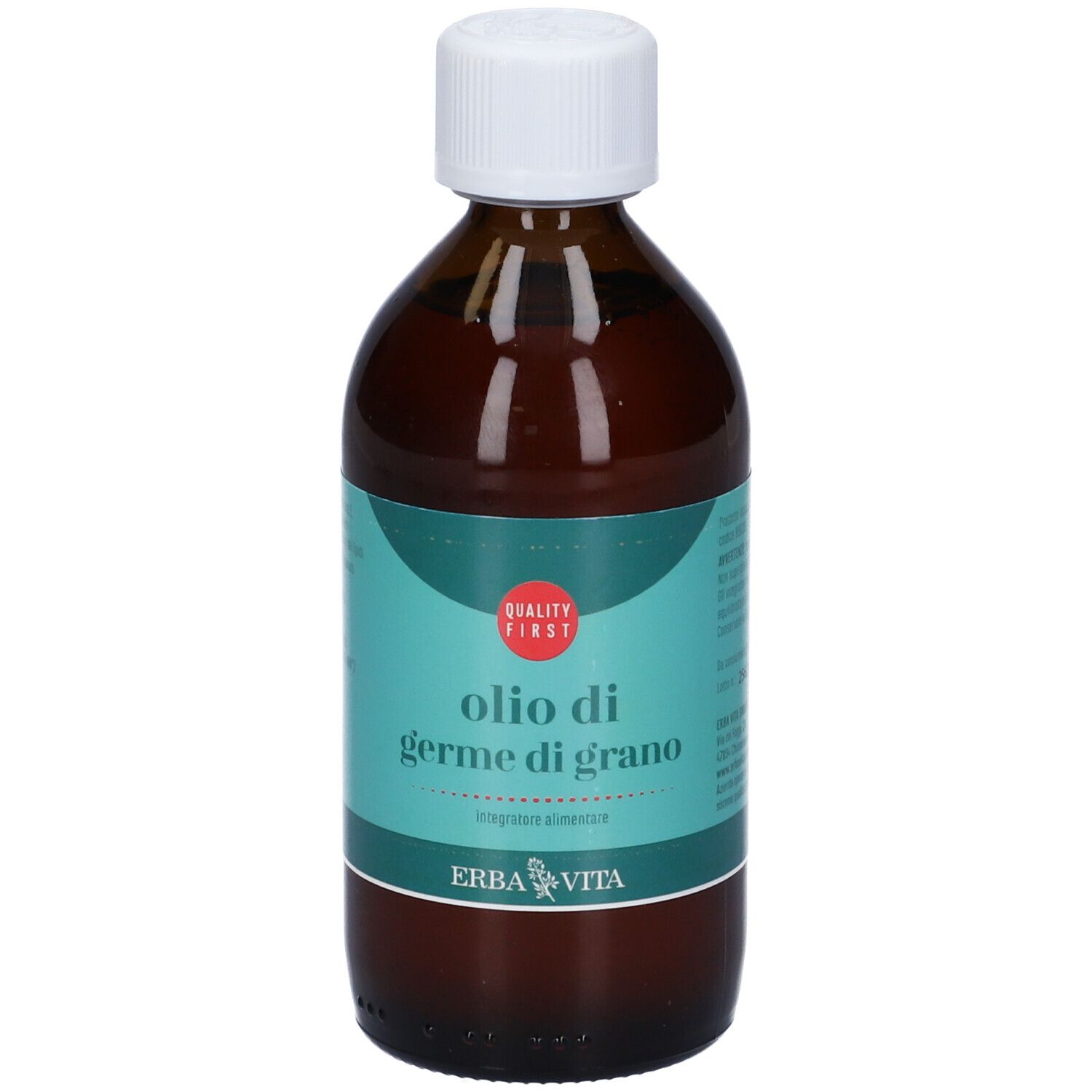 Flacone di vetro marrone con tappo bianco. Scritta: Olio di Germe di Grano. Marchio: Erba Vita. Marchio di qualità.