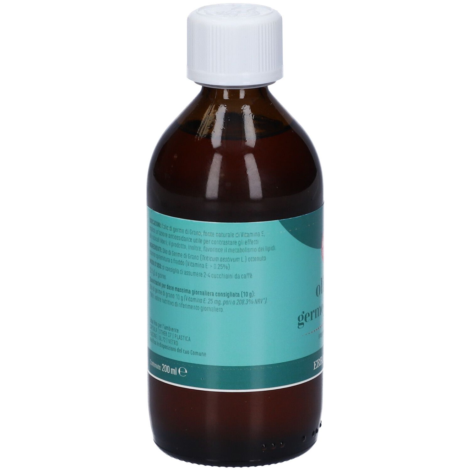 Flacone di vetro marrone con tappo bianco. Scritta: Olio di Germe di Grano. Marchio: Erba Vita. Testo sul retro.