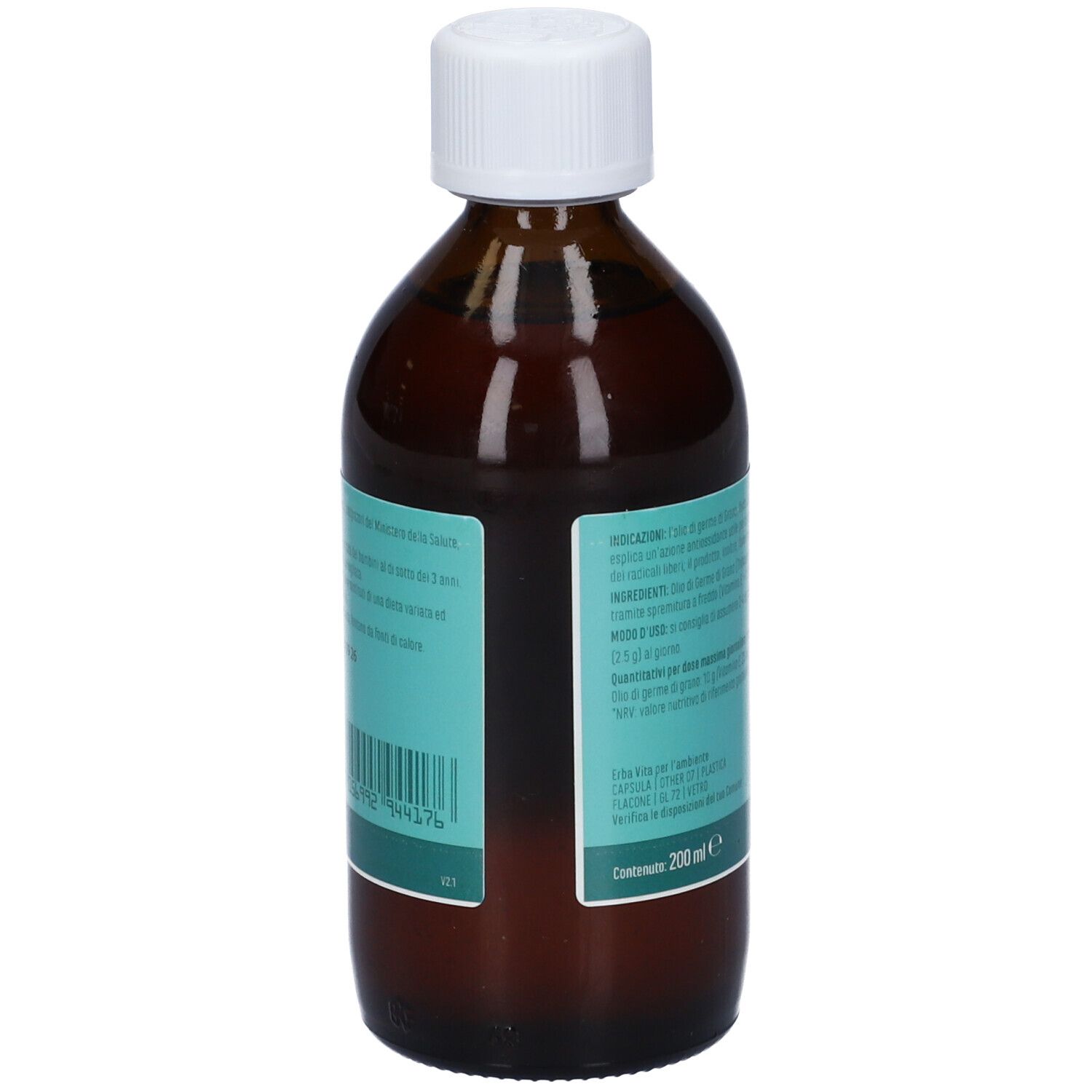 Flacone di vetro marrone con tappo bianco. Scritta: Olio di Germe di Grano. Marchio: Erba Vita. Testo sul retro.