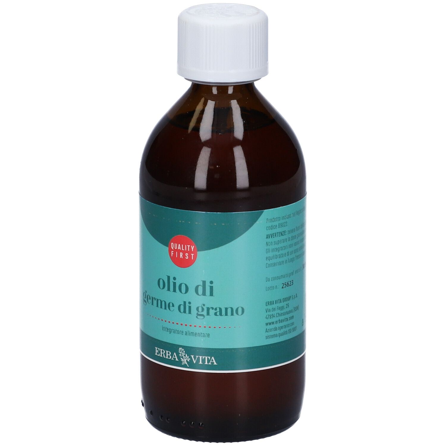 Flacone di vetro marrone con tappo bianco. Scritta: Olio di Germe di Grano. Marchio: Erba Vita. Marchio di qualità.