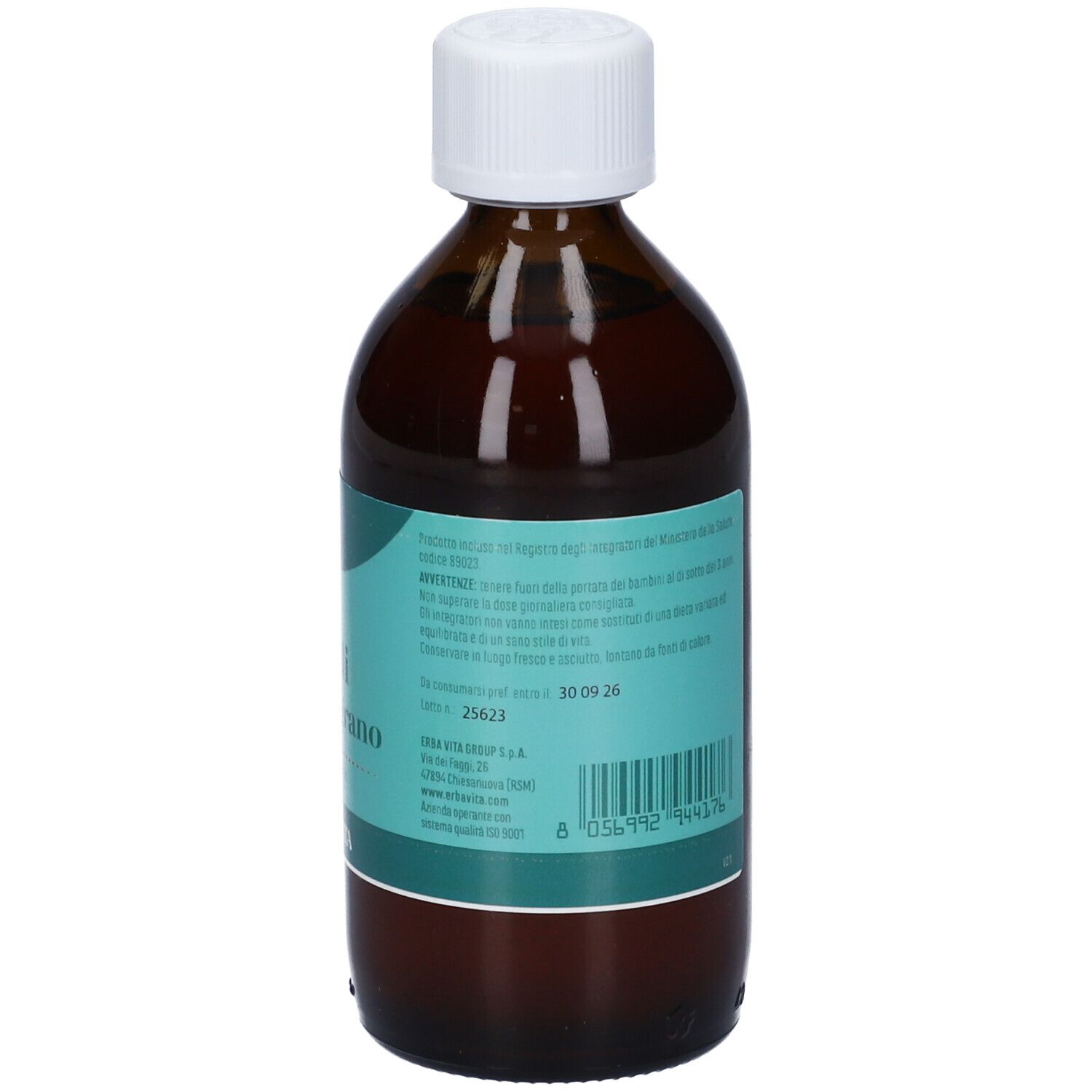 Flacone di vetro marrone con tappo bianco. Scritta: Olio di Germe di Grano. Marchio: Erba Vita. Testo sul retro.