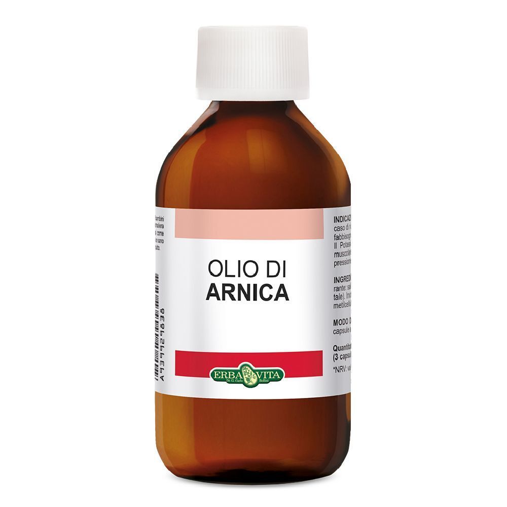 Flacone di vetro marrone con tappo bianco. L'etichetta riporta "Olio di Arnica" e il logo Erba Vita.