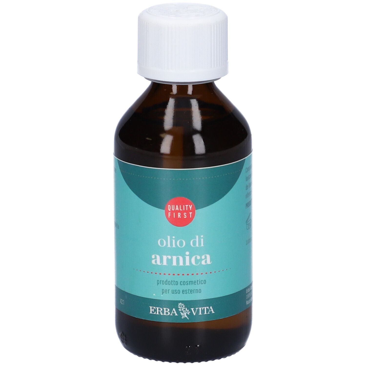 Flacone di vetro marrone con tappo bianco. Etichetta turchese con "olio di arnica" e "Erba Vita".